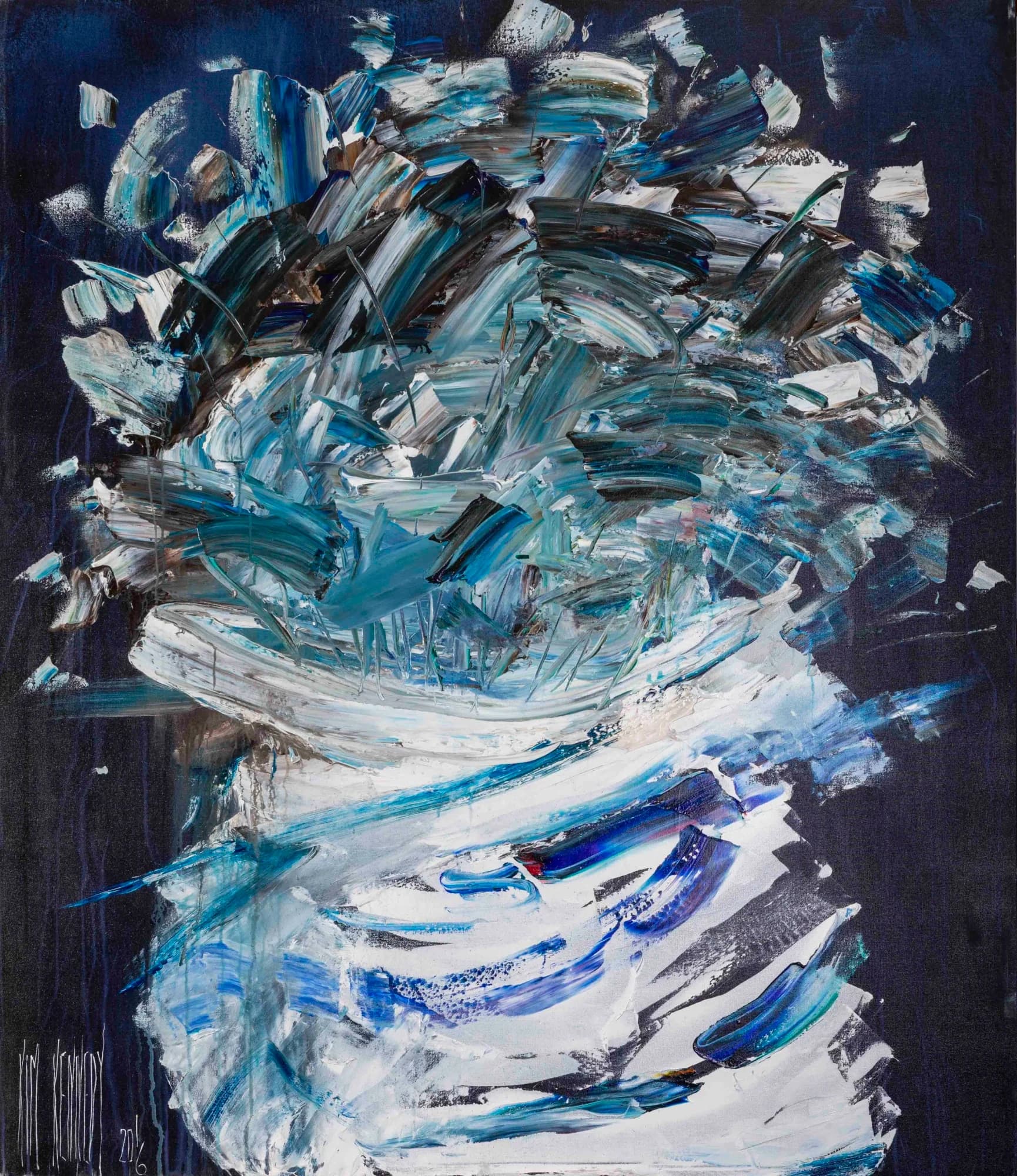 Abstract Study No. 1: explosive teal and white impasto burst over deep navy ground. Original painting by Kim Kennedy.