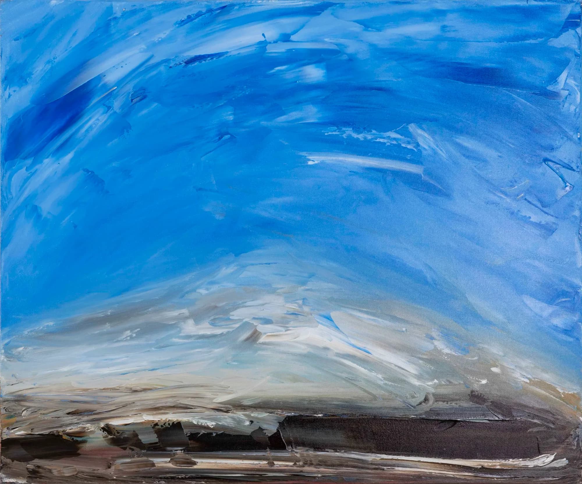 Abstract Study No. 2: sweeping blue sky over dark earthy horizon, gestural abstract landscape. Original painting by Kim Kennedy.