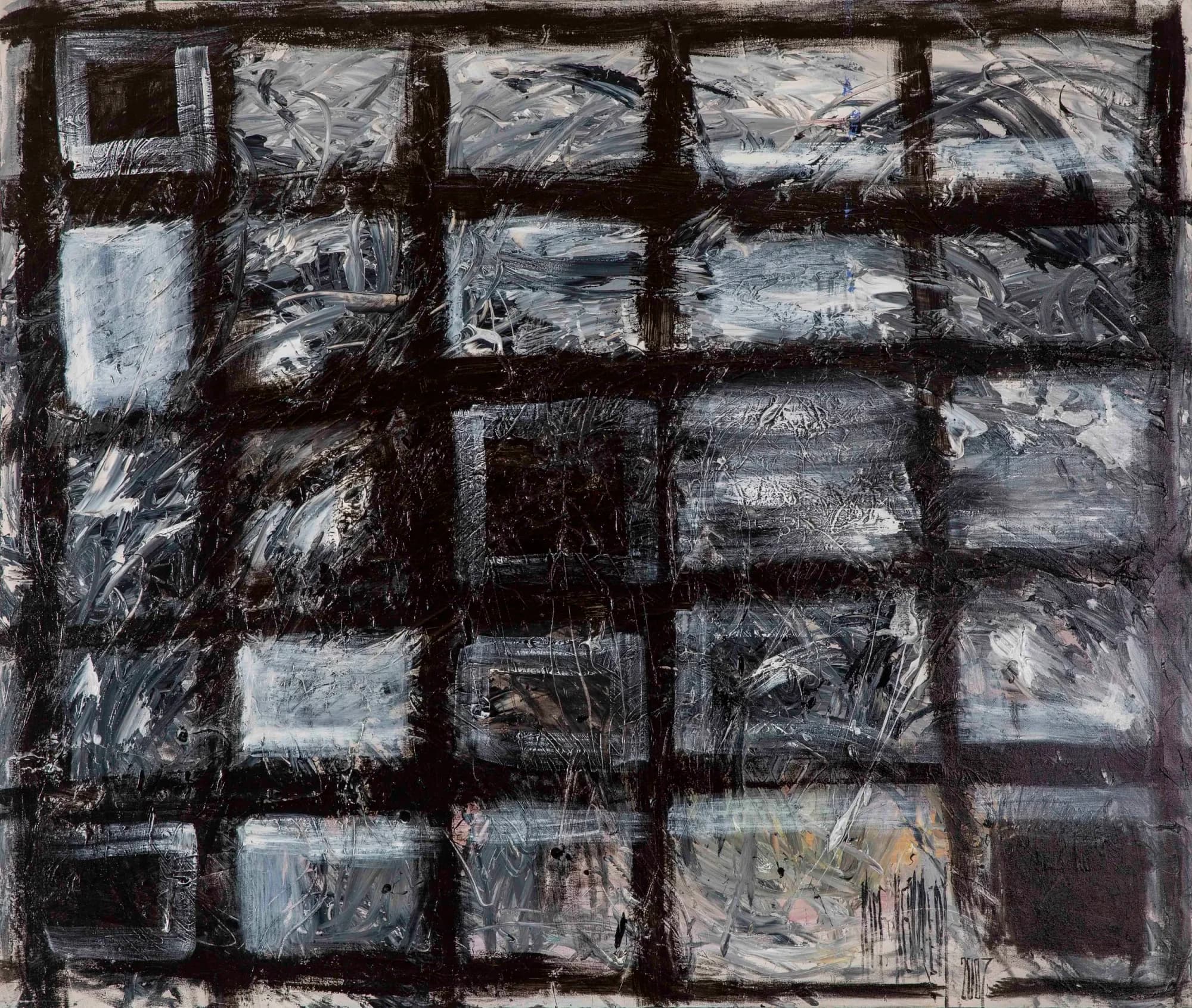 Ice on the Window: black grid over frosted white and grey textured panes. Original painting by Kim Kennedy.