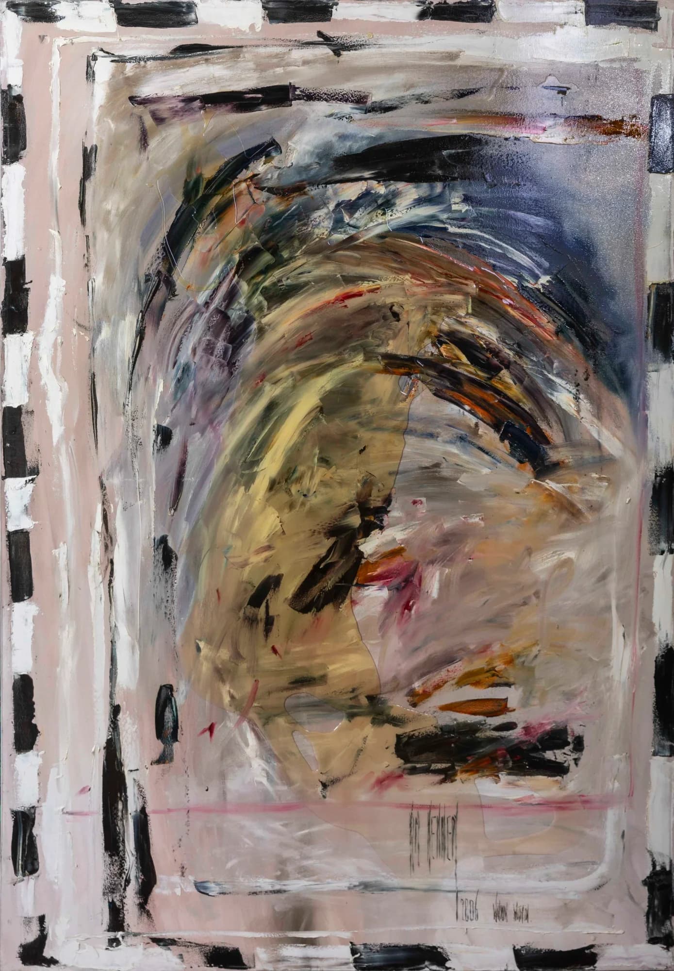 View through the window: gold and blue gestural vortex framed by black-and-white checkered border. Original painting by Kim Kennedy.