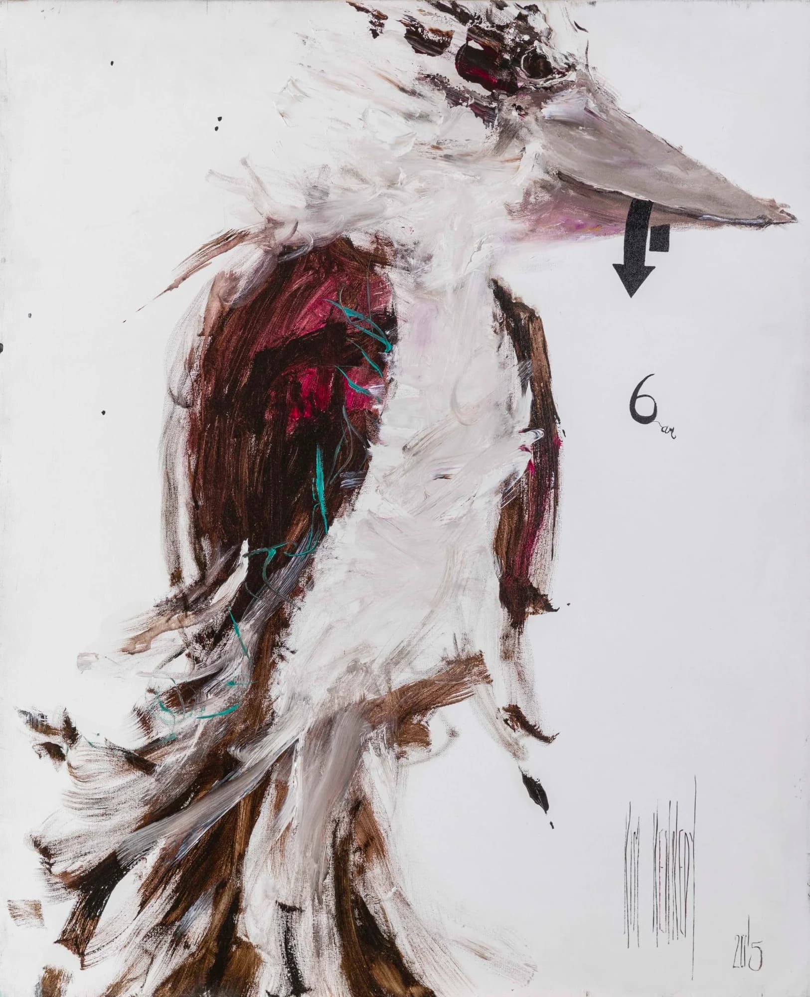 6am Road Hunter: expressive kookaburra in white, brown and magenta brushstrokes with arrow and number motifs, white background. Original painting by Kim Kennedy.