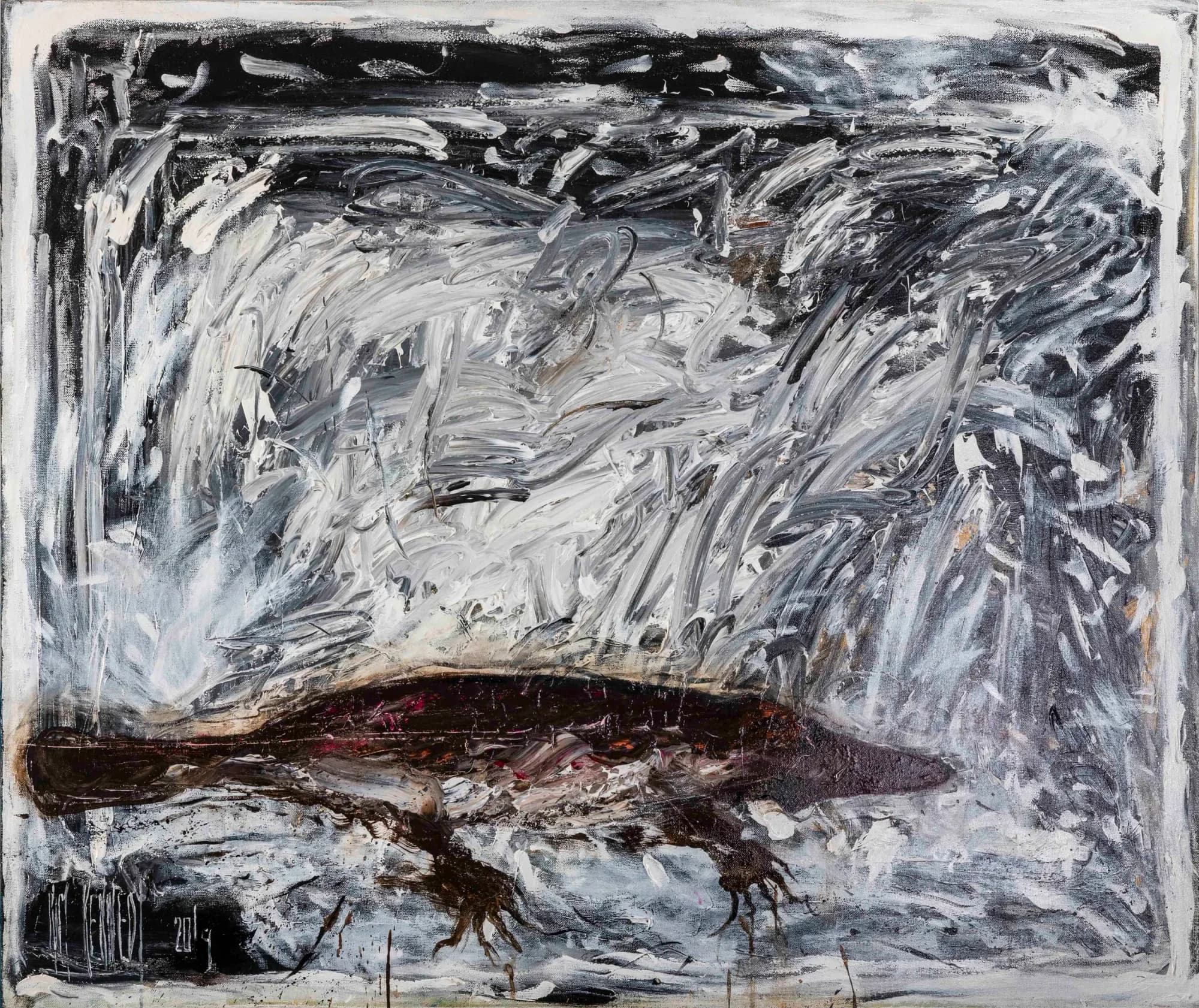 Animal Study No. 1: dark goanna lizard beneath stormy white and grey impasto sky. Original painting by Kim Kennedy.