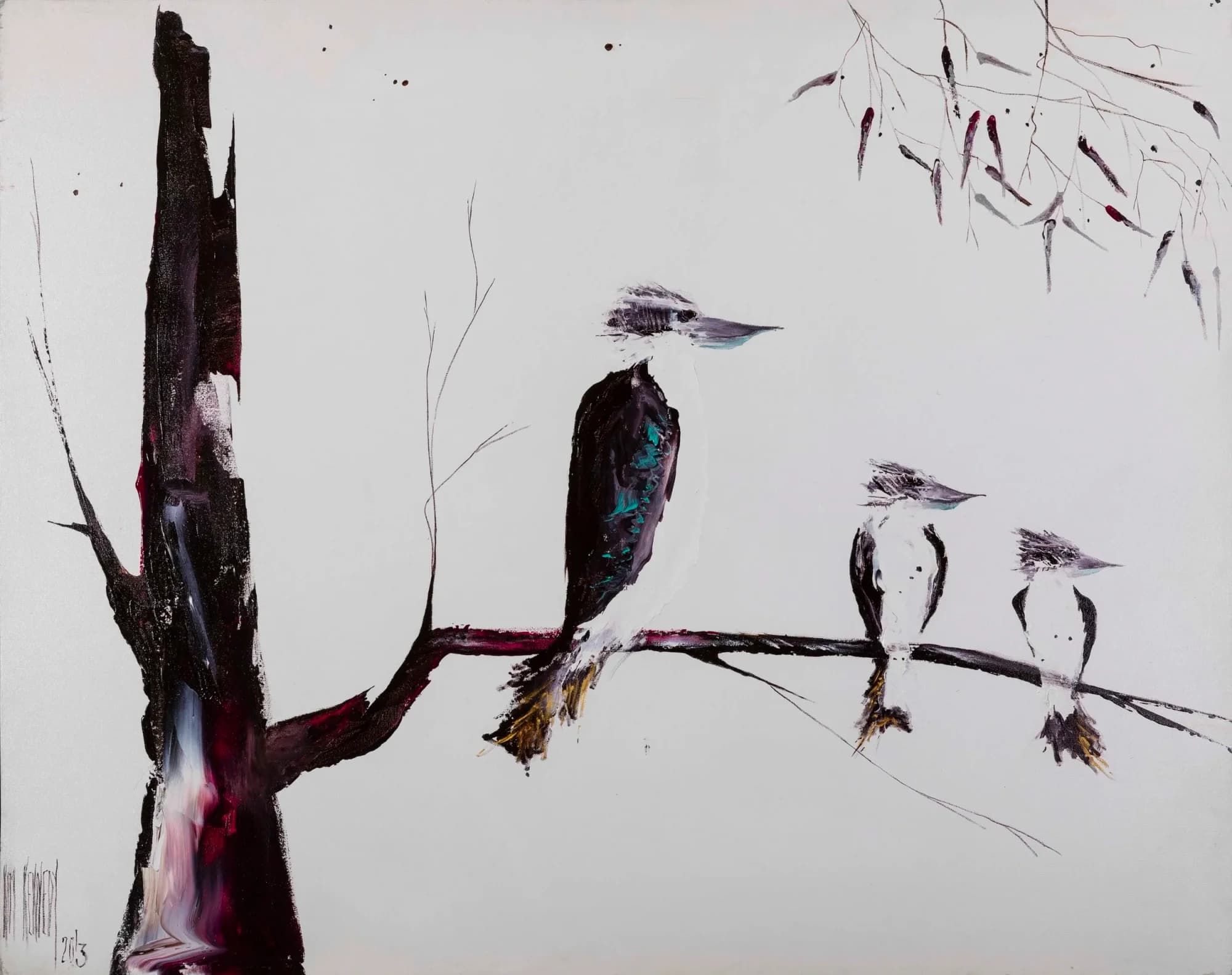 Animal Study No. 2: kookaburra family perched on bare branch, sparse white background with gum leaves. Original painting by Kim Kennedy.