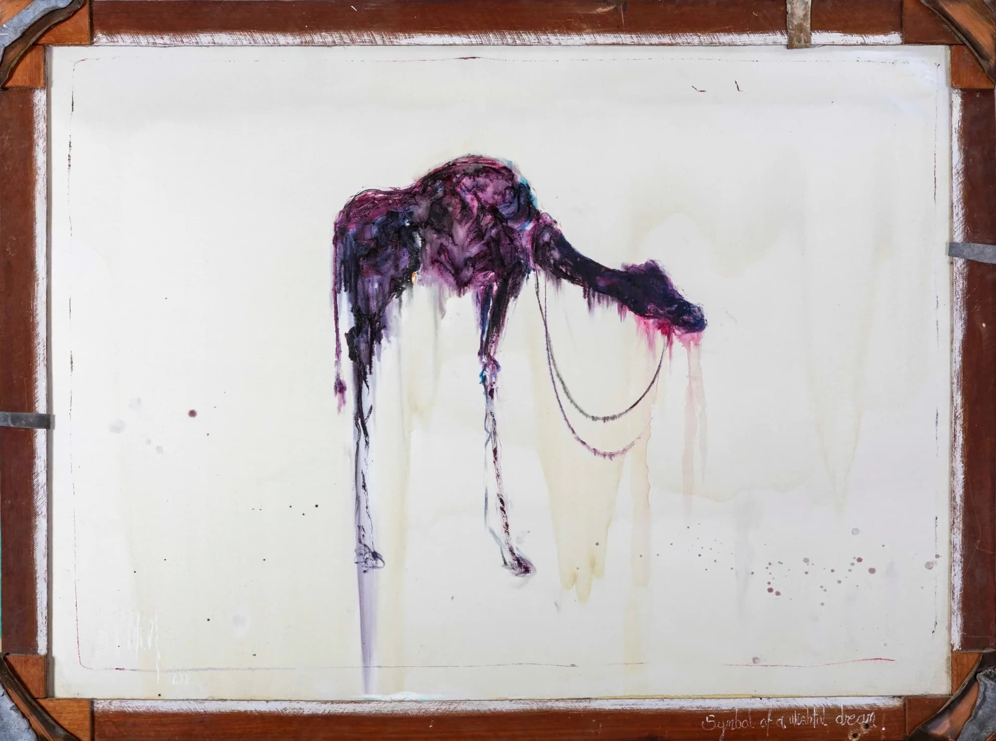Animal Study No. 3: dripping purple-black camel study on cream paper, shown on frame back. Original painting by Kim Kennedy.