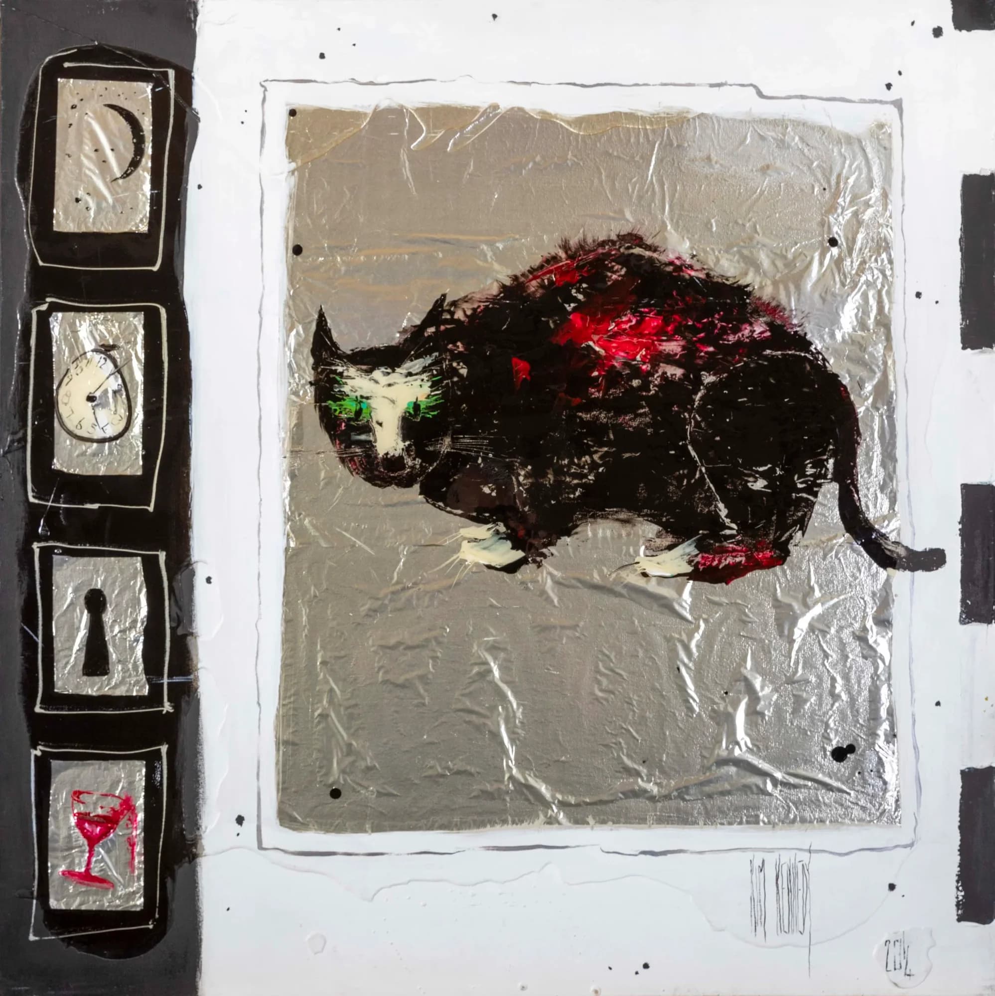 Animal Study No. 4: black wombat with red accents on silver foil panel, symbol collage border. Original painting by Kim Kennedy.