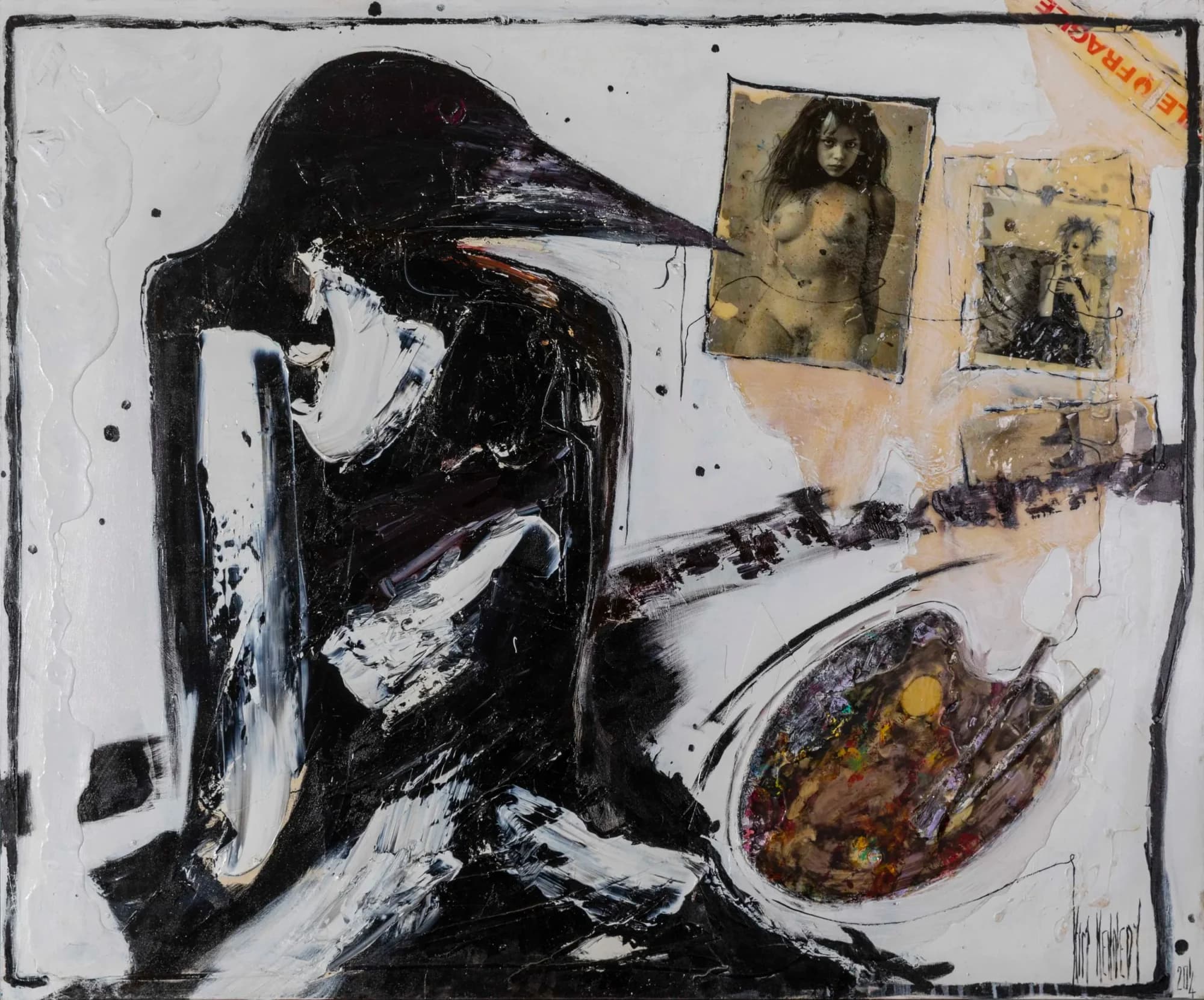 Art Classes and Subjects: black crow figure collage with vintage photos and paint palette, monochrome mixed media. Original painting by Kim Kennedy.