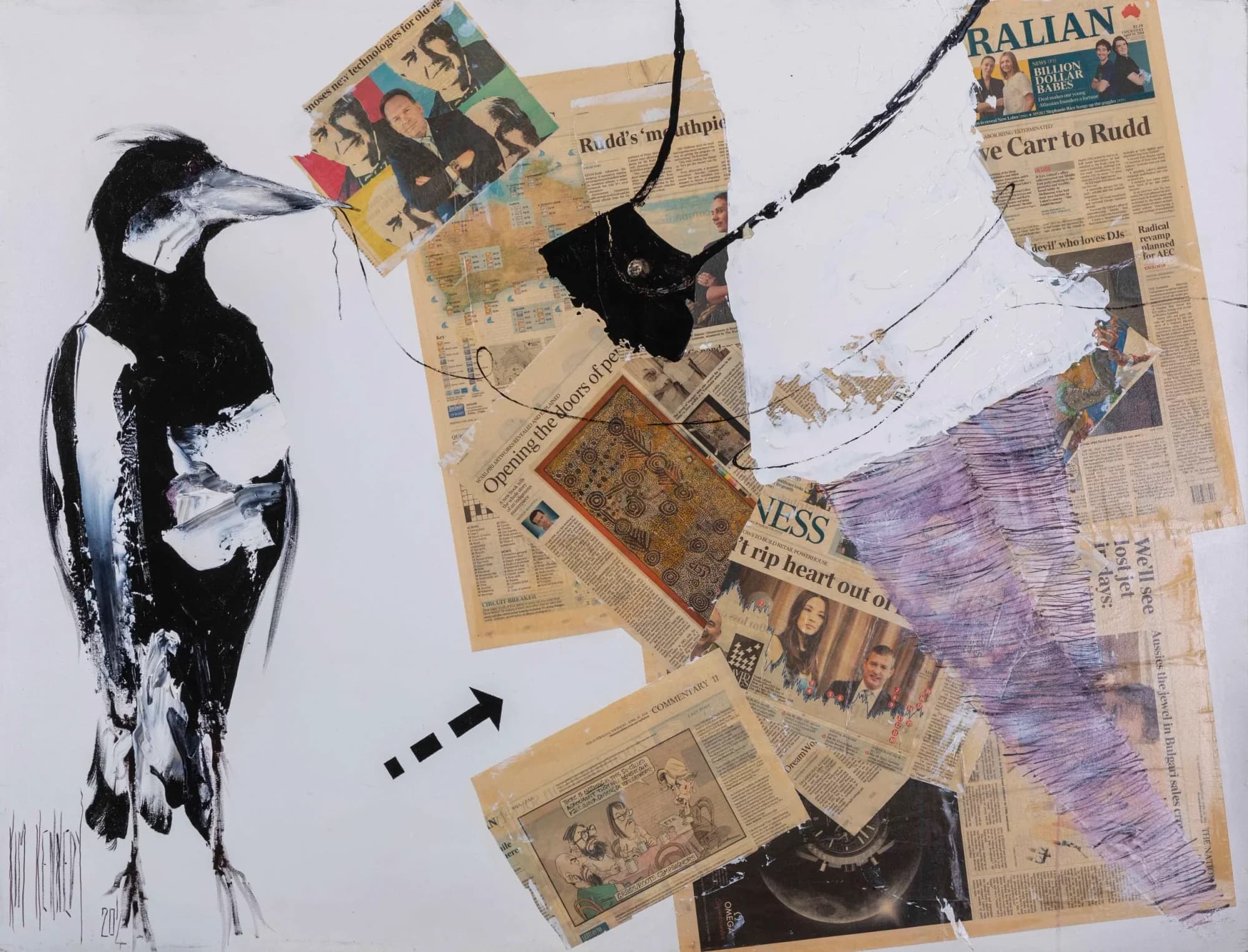 Black and White Dance: two magpies with Australian newspaper collage and arrow, black-white-purple mixed media. Original painting by Kim Kennedy.
