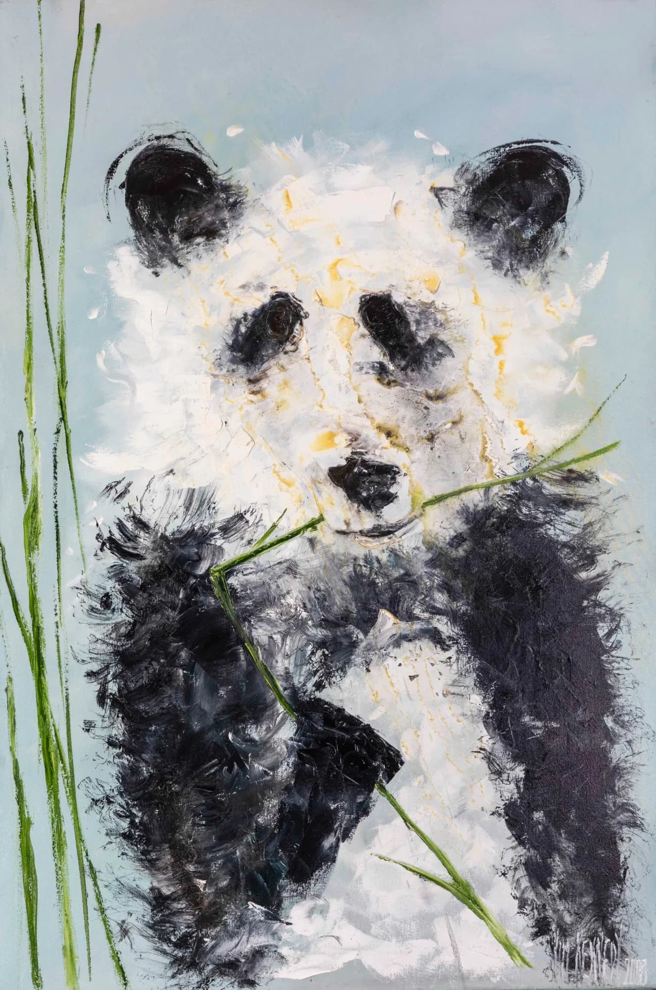 Breakfast Munch: fluffy panda chewing green bamboo stalks on soft blue background. Original painting by Kim Kennedy.