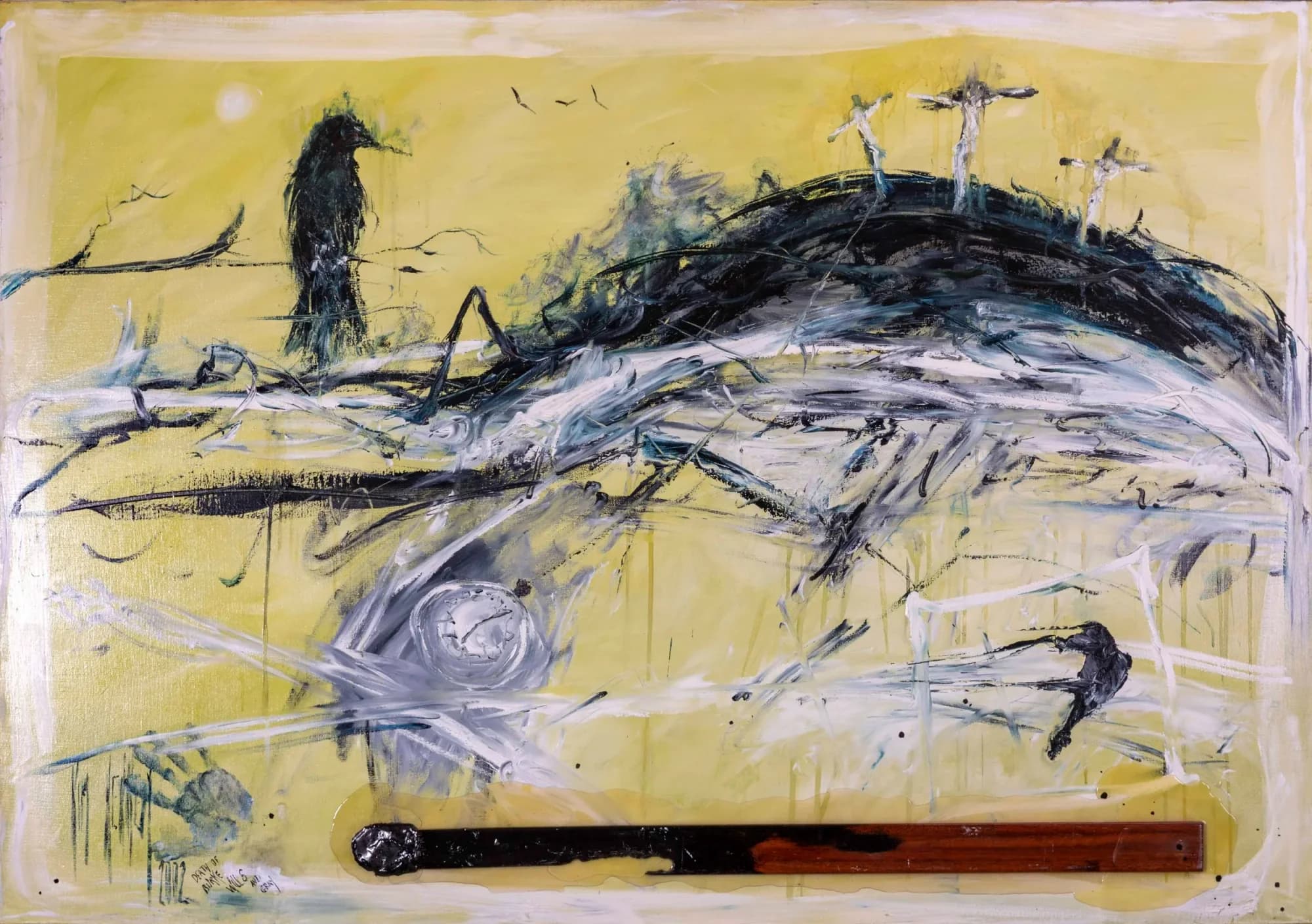 Death of Burke, Wills and King: crows and three crosses over dark hill, yellow outback narrative scene. Original painting by Kim Kennedy.