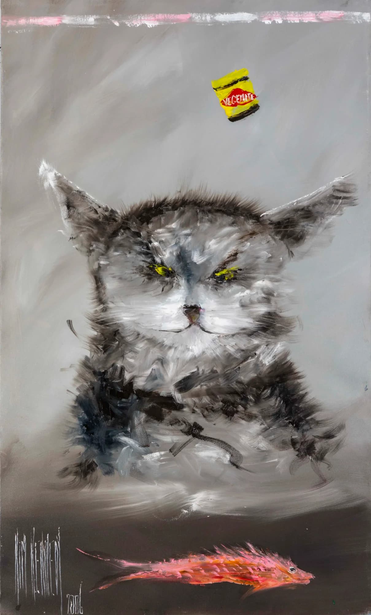 Deep Thinker: scruffy grey cat with yellow eyes eyeing pink fish, Vegemite jar detail. Original painting by Kim Kennedy.