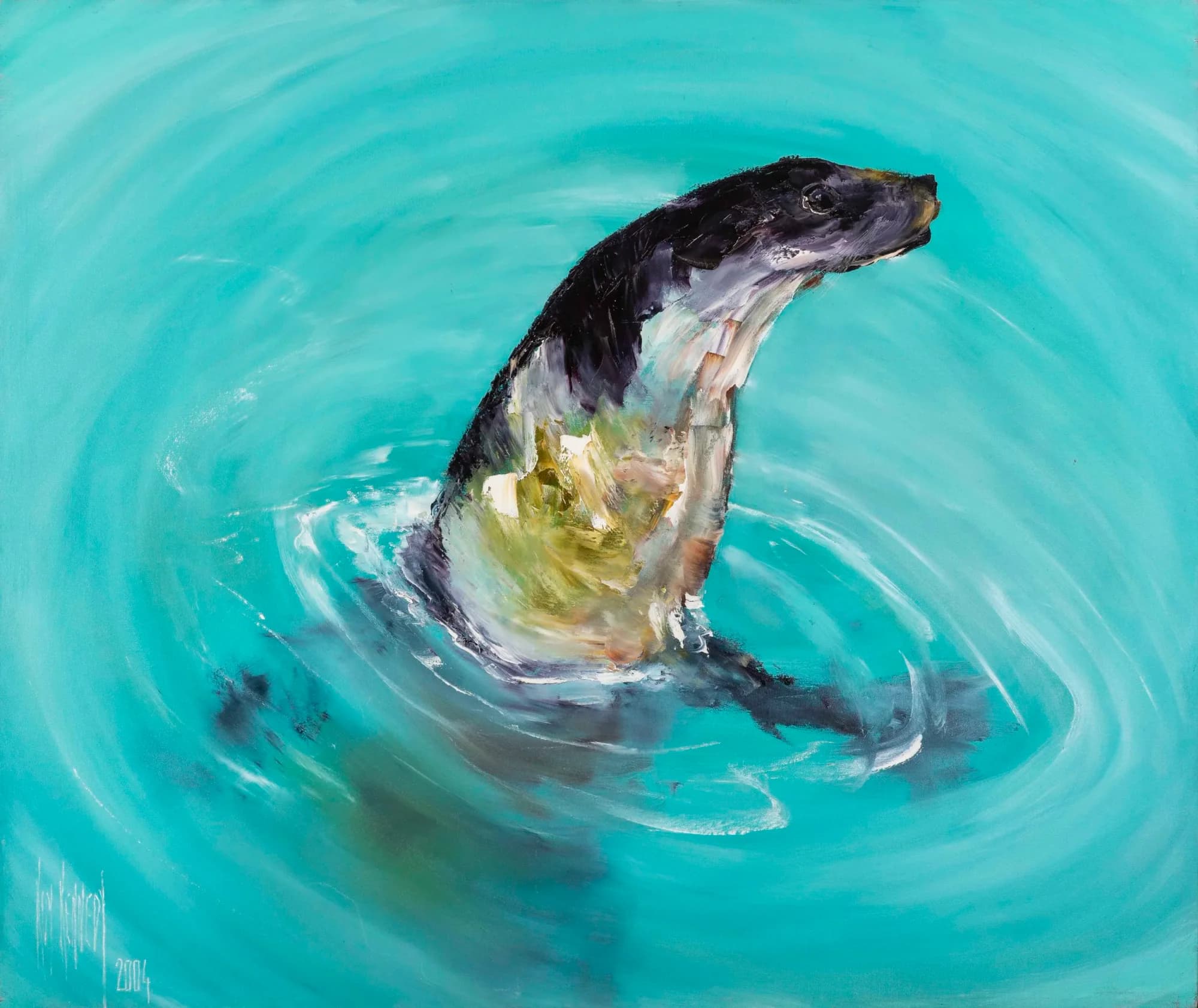 Frolicking Seal 1: seal surfacing from swirling turquoise water, dark head raised. Original painting by Kim Kennedy.