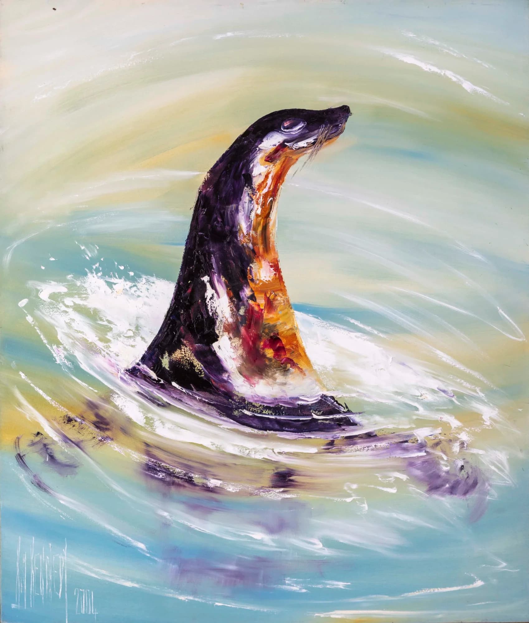 Frolicking Seal 2: seal rising from swirling turquoise water, purple-black body with orange chest. Original painting by Kim Kennedy.