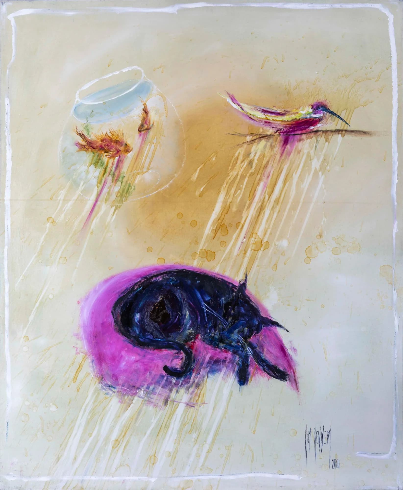 He Dreams: sleeping black cat on pink ground dreaming of fishbowl and bird, cream backdrop. Original painting by Kim Kennedy.