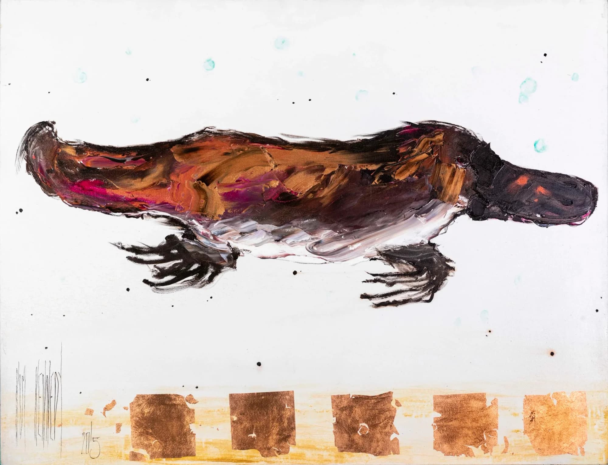 Heading Home: swimming platypus in brown, rust and purple strokes on pale grey background. Original painting by Kim Kennedy.