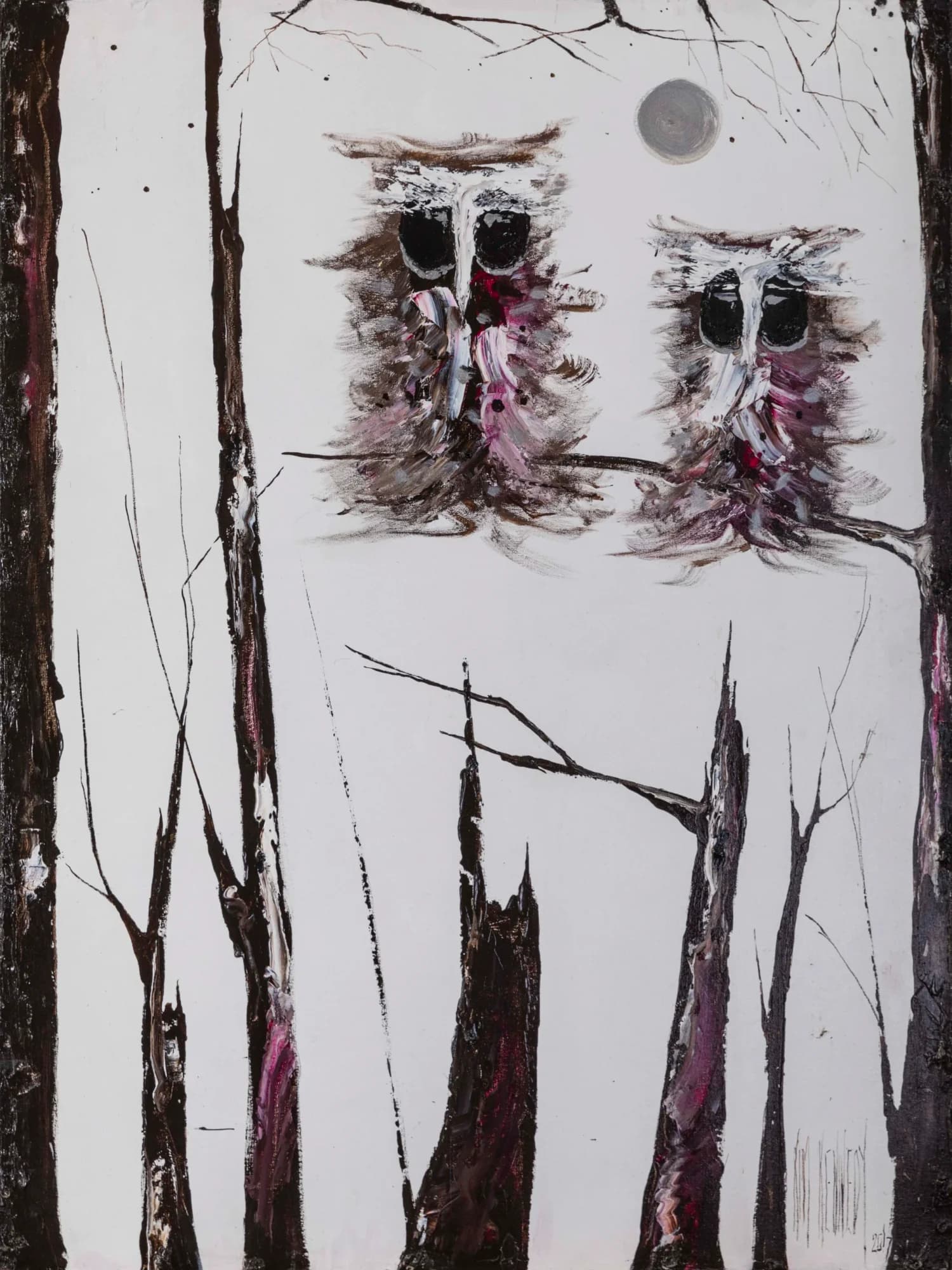Hugo and Ziggy: two scruffy owls perched among bare dark trees, muted white and plum palette. Original painting by Kim Kennedy.