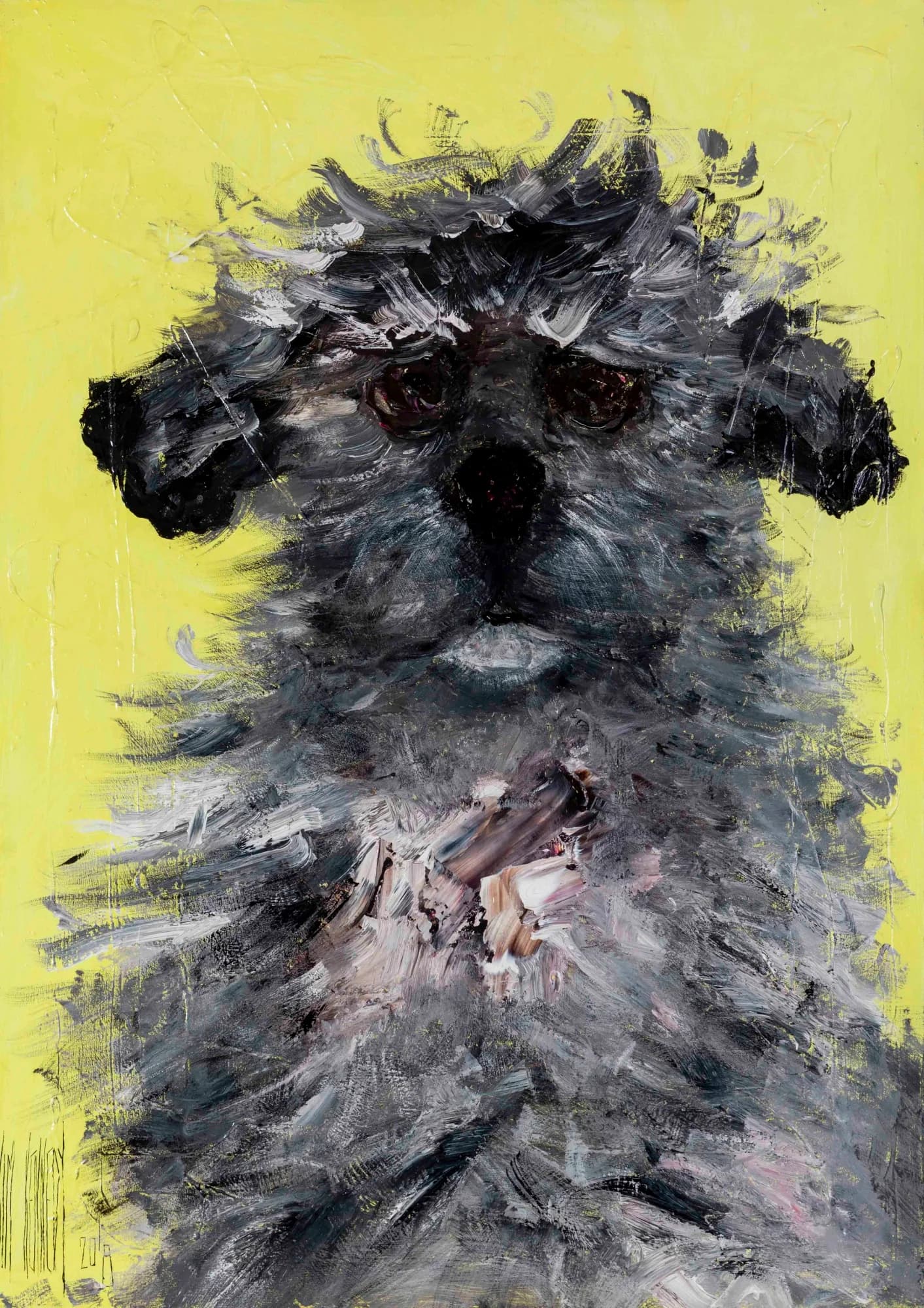 Hunter Boy: shaggy grey terrier dog portrait against vivid yellow background. Original painting by Kim Kennedy.