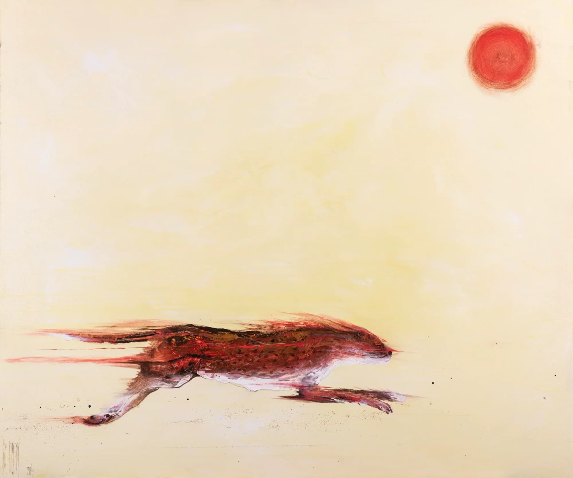 In The Heat Of The Hunt: streaking red-brown hound sprinting under a red sun, pale cream field. Original painting by Kim Kennedy.