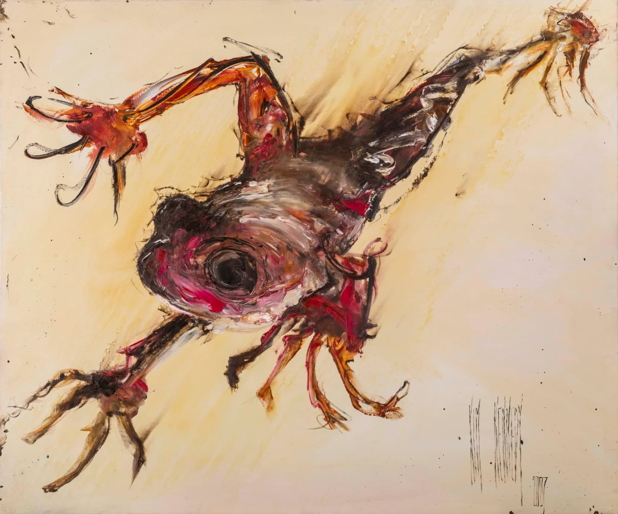 Long Legs: sprawled frog in rust, crimson and brown on warm cream background. Original painting by Kim Kennedy.