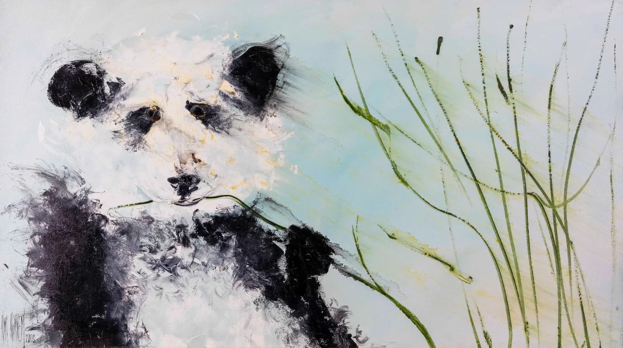 Lunch Time: panda chewing green bamboo stalks, soft blue-white background. Original painting by Kim Kennedy.