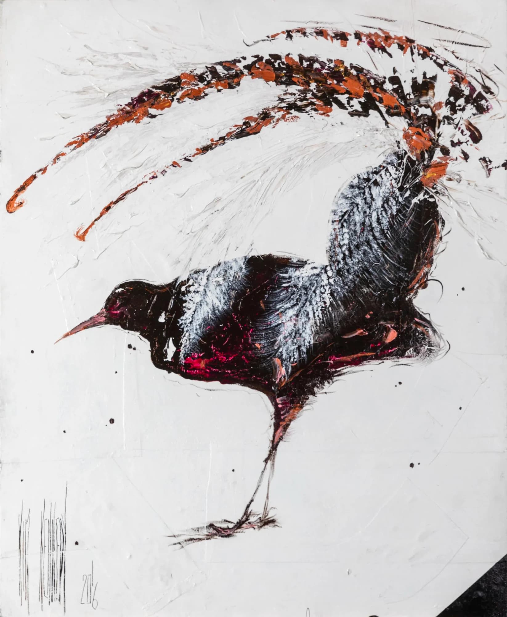 Lyre Bird: lyrebird with sweeping copper and white tail plumes on white ground. Original painting by Kim Kennedy.