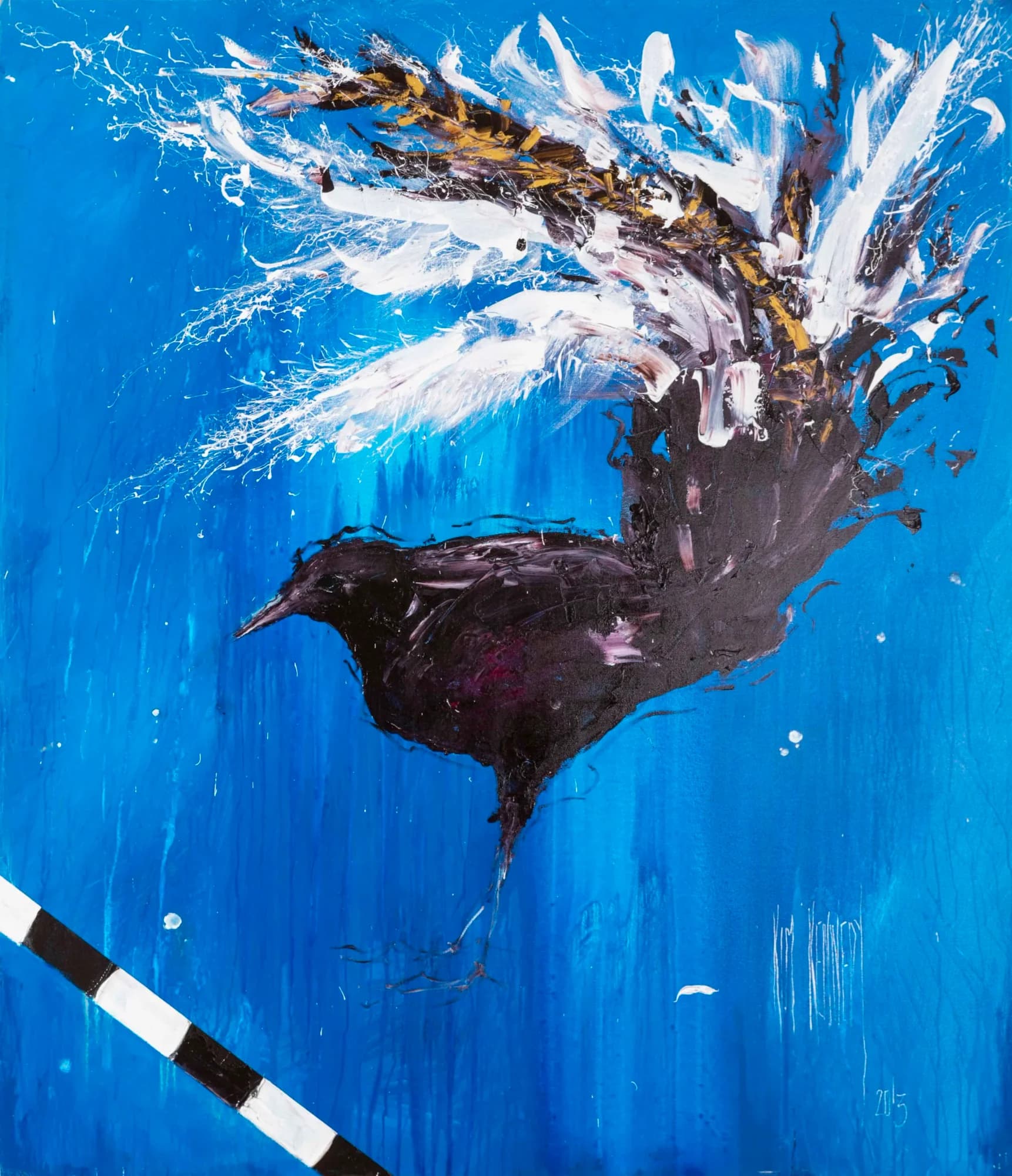 Lyre Lyre: dark lyrebird with explosive white and gold tail on vivid blue background. Original painting by Kim Kennedy.