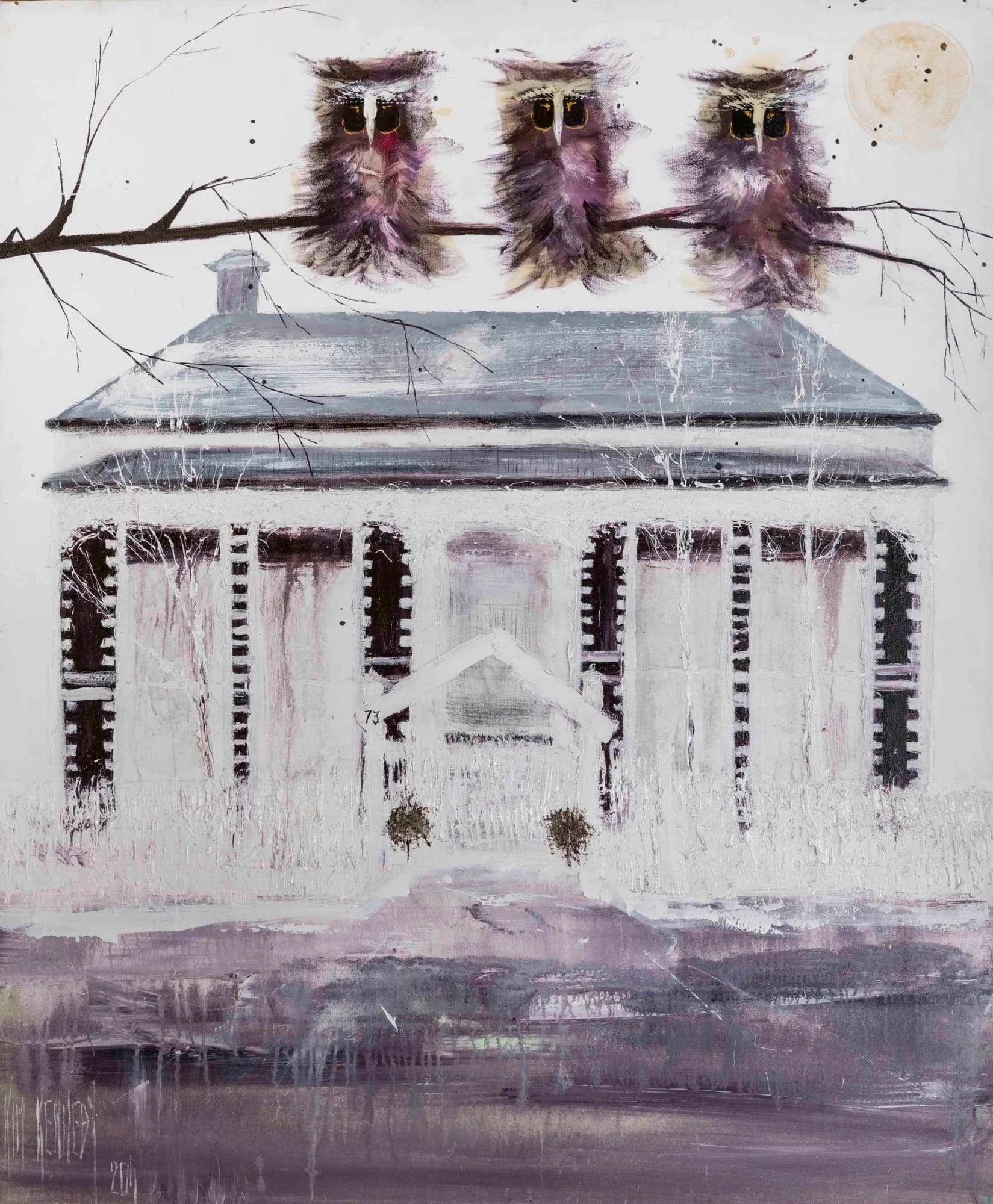 Night Watch: three fluffy owls on a branch above a white colonial house, moonlit greys. Original painting by Kim Kennedy.