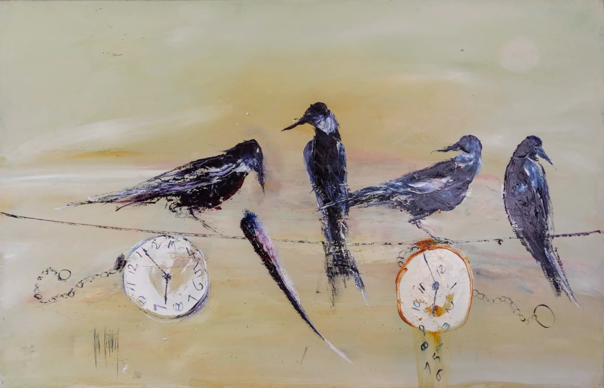 On The Wire: four dark birds on a wire with hanging clock faces, olive-cream tones. Original painting by Kim Kennedy.
