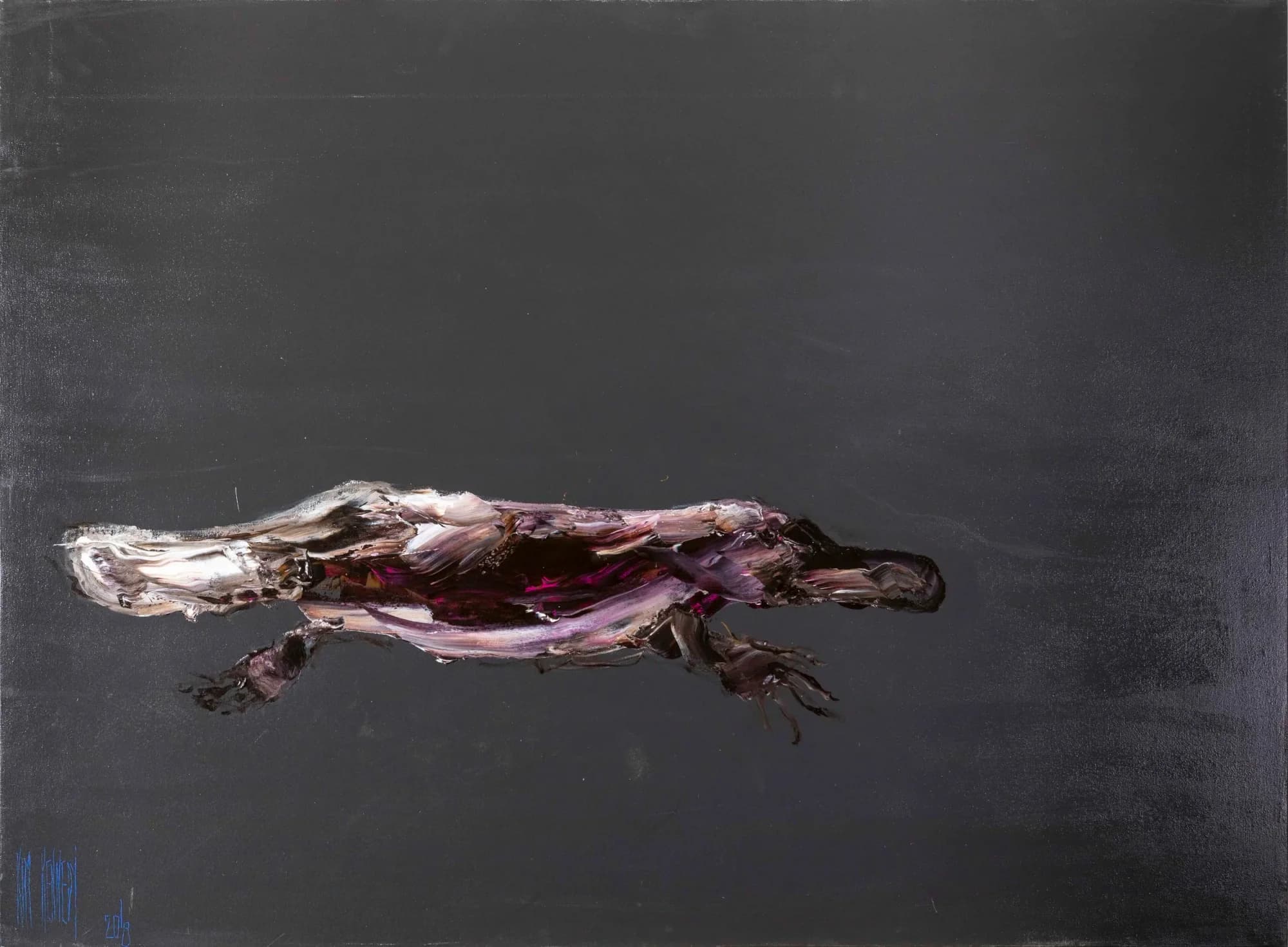 Platypus: gliding platypus in silver and magenta strokes on charcoal black field. Original painting by Kim Kennedy.