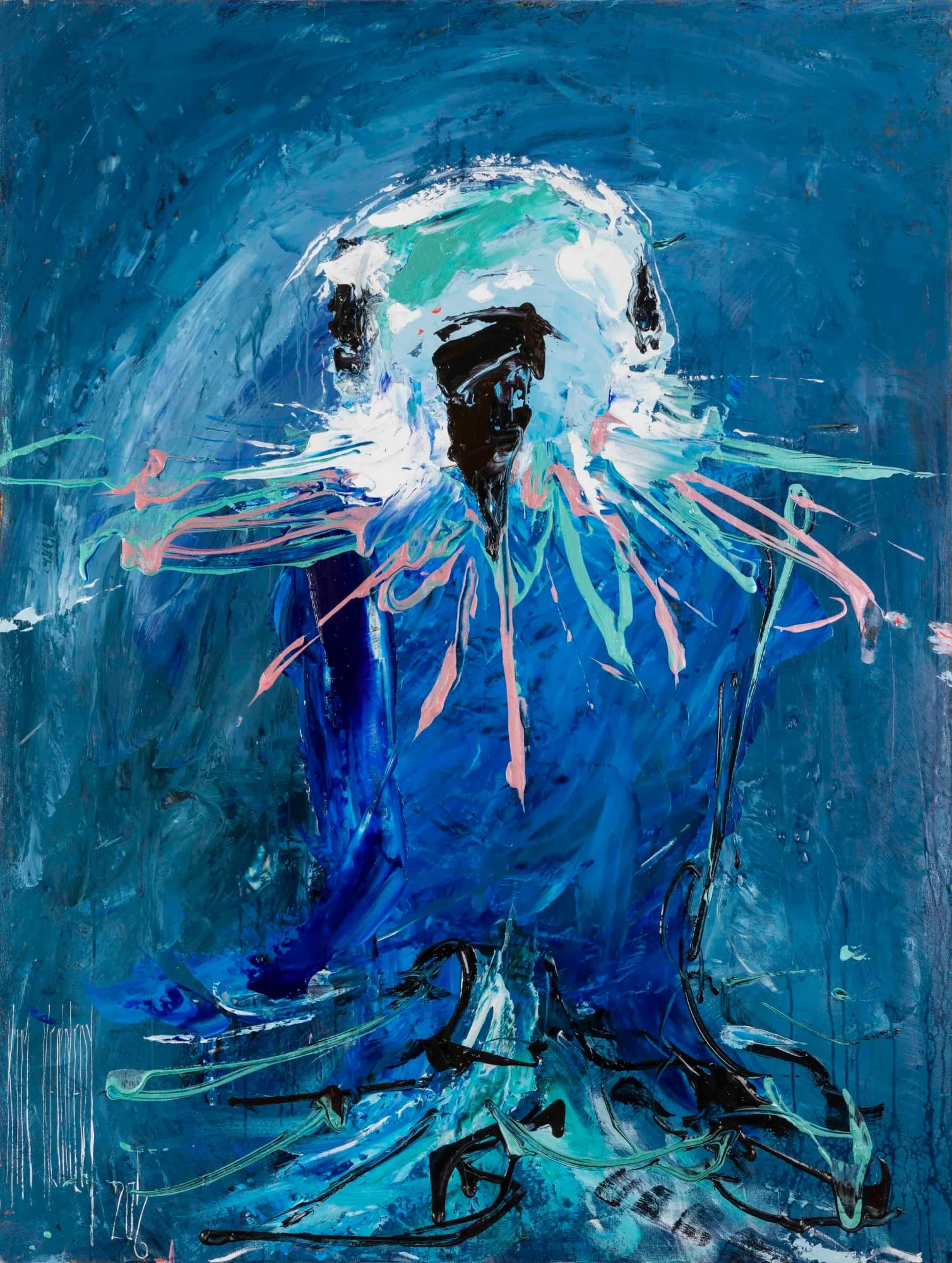 Pretty Boy: expressive blue budgerigar with white face, pink and mint spiky feathers on deep blue. Original painting by Kim Kennedy.
