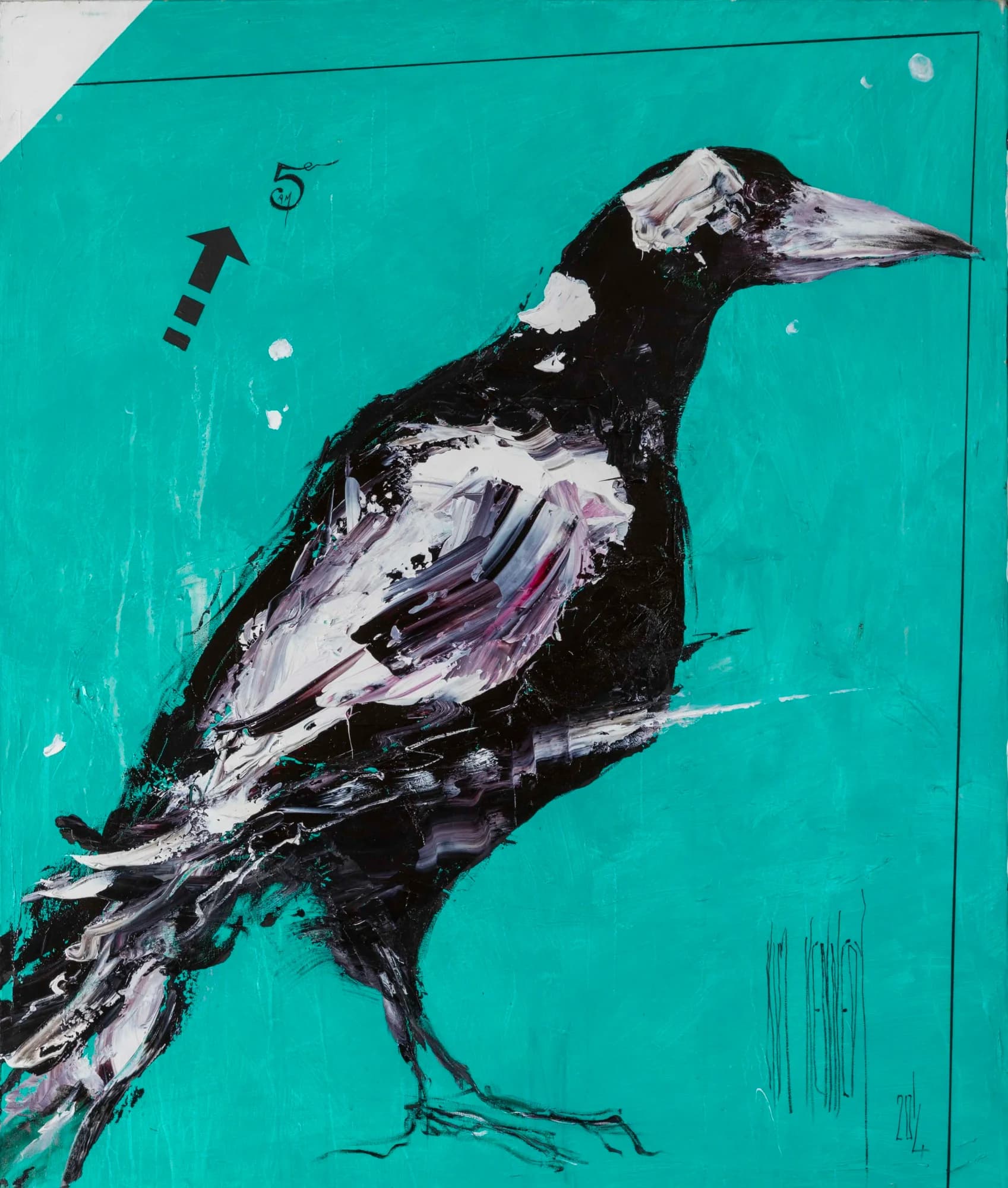 Strutting His Stuff: black and white magpie striding across a vivid turquoise background. Original painting by Kim Kennedy.
