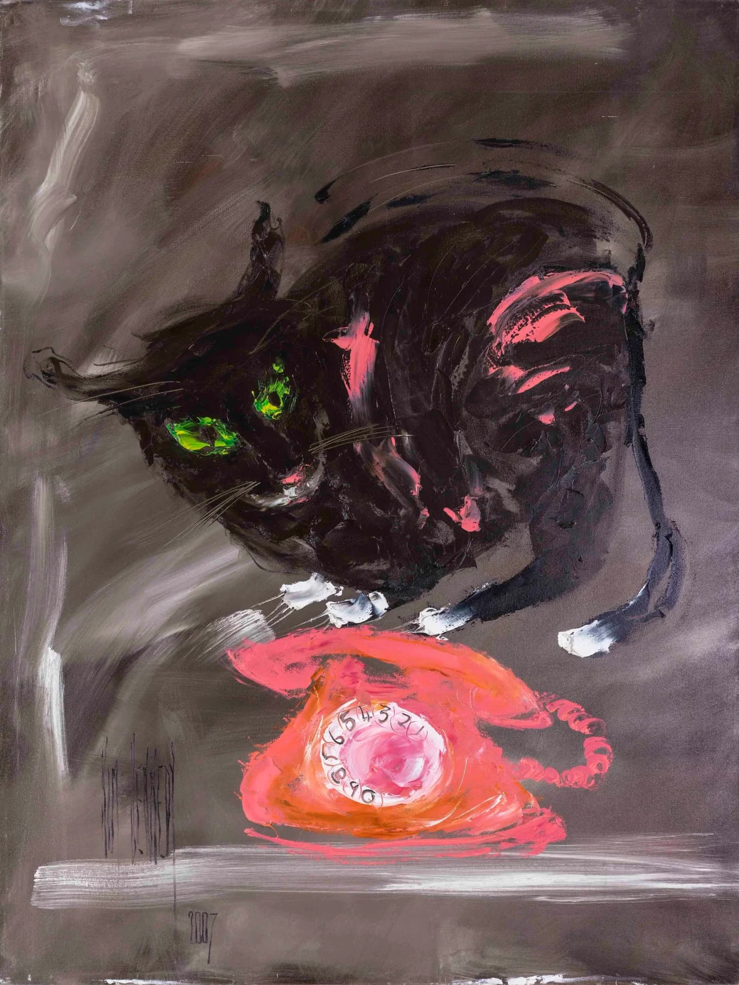Surprise: black cat with green eyes pouncing on a red rotary phone, smoky grey ground. Original painting by Kim Kennedy.