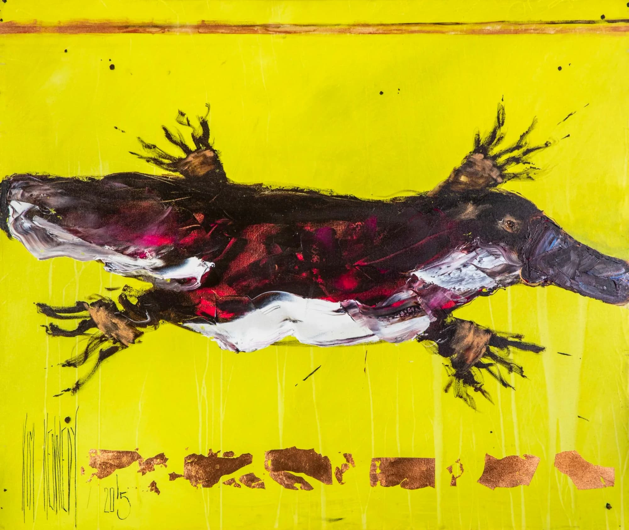 Tasmanian Platypus: dark platypus with crimson and white belly on bright chartreuse yellow with copper leaf. Original painting by Kim Kennedy.
