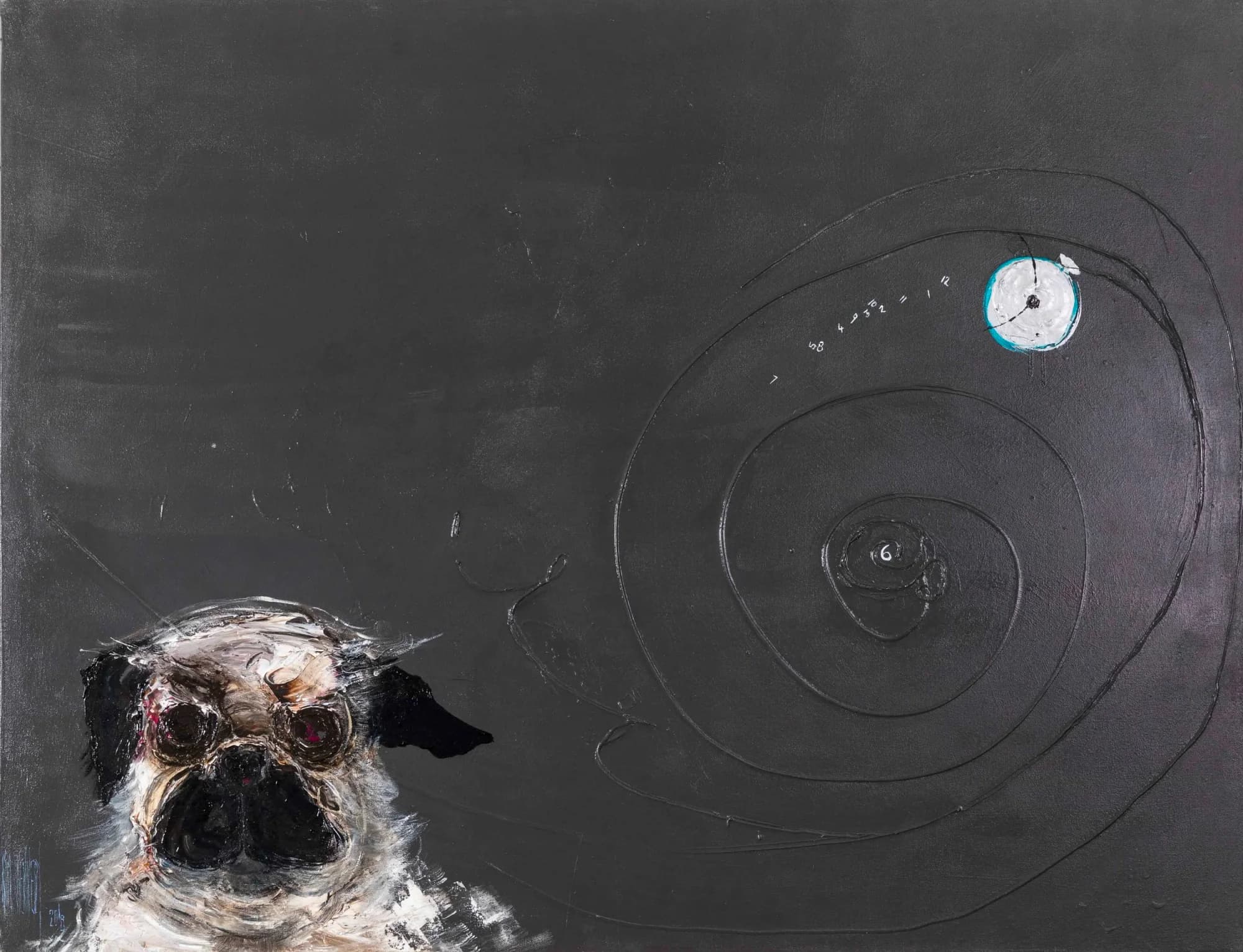 The Big Dreamer: soulful pug in corner of charcoal grey canvas with etched spiral and small moon. Original painting by Kim Kennedy.