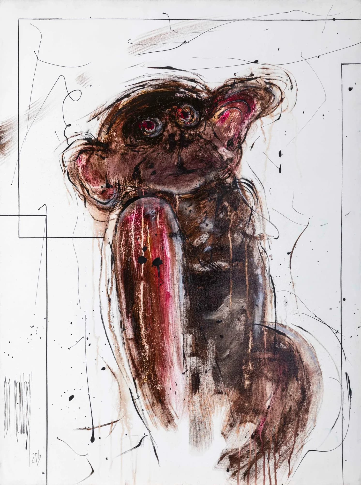 The Eyes to the Soul: wide-eyed tarsier in ink and brown washes with pink accents on white. Original painting by Kim Kennedy.