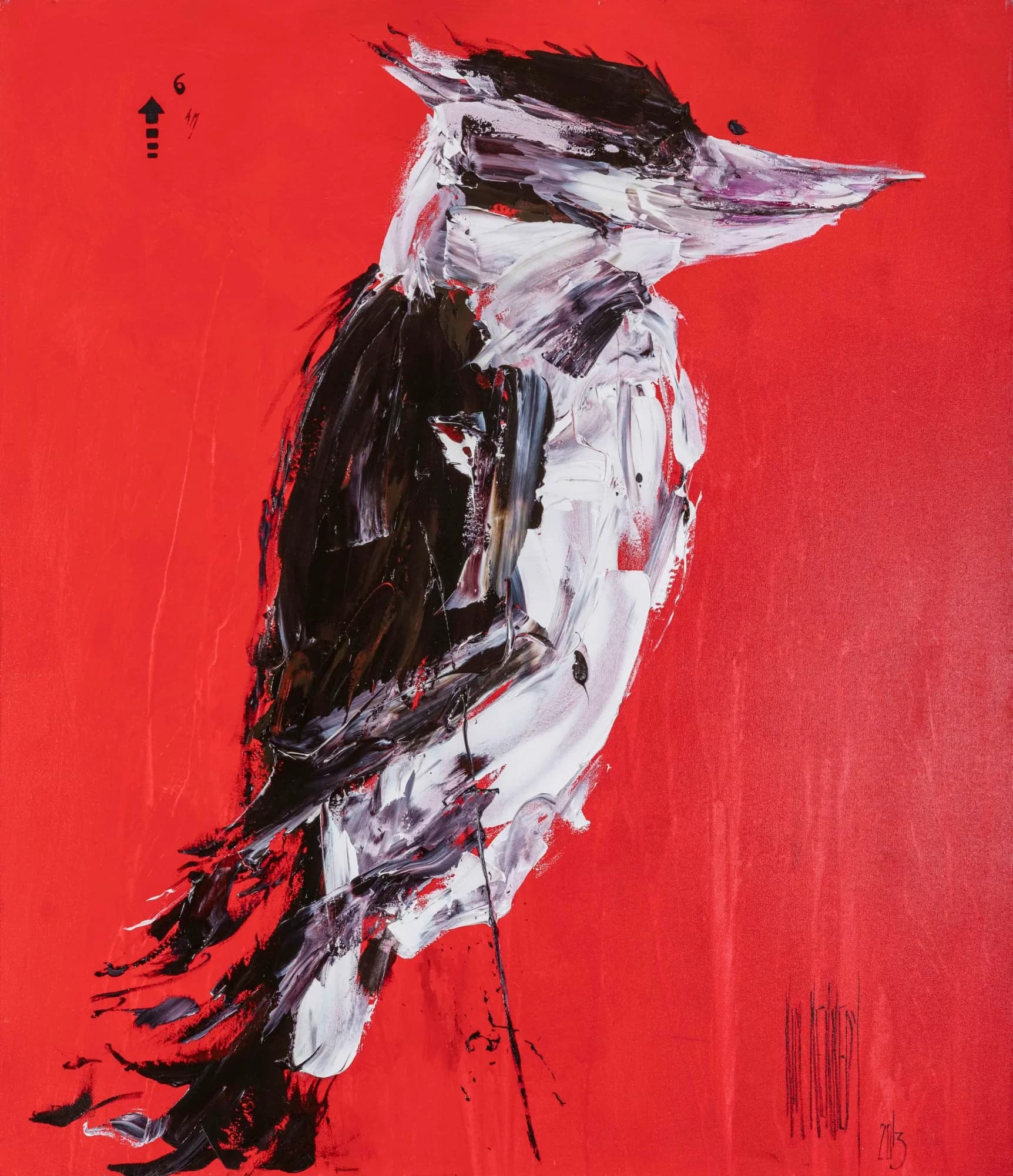 The Laughing Kind: kookaburra in black, white and violet strokes against bold red background. Original painting by Kim Kennedy.