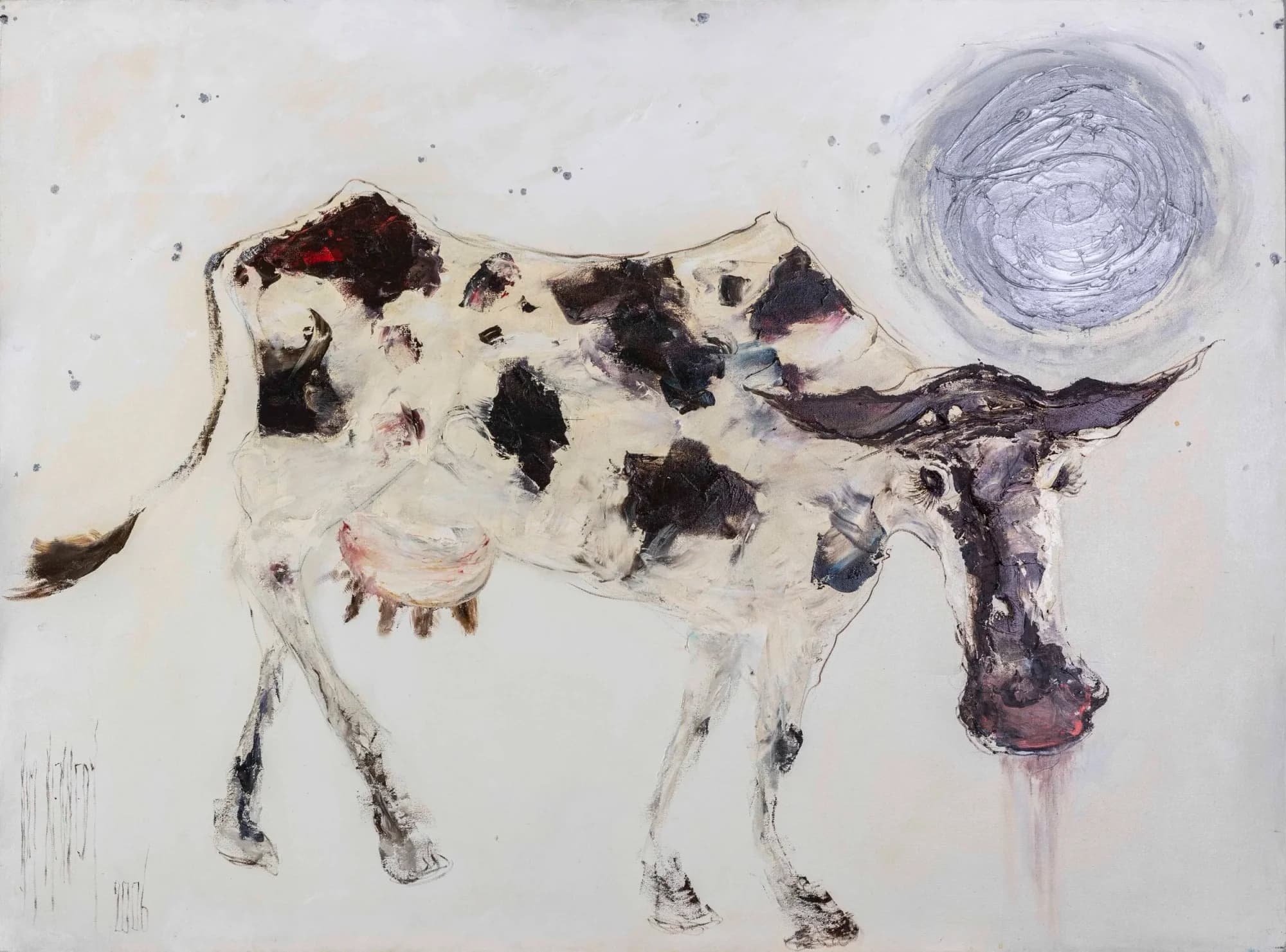 The Moon Walk: black and white dairy cow beneath a silvery moon on pale ground. Original painting by Kim Kennedy.