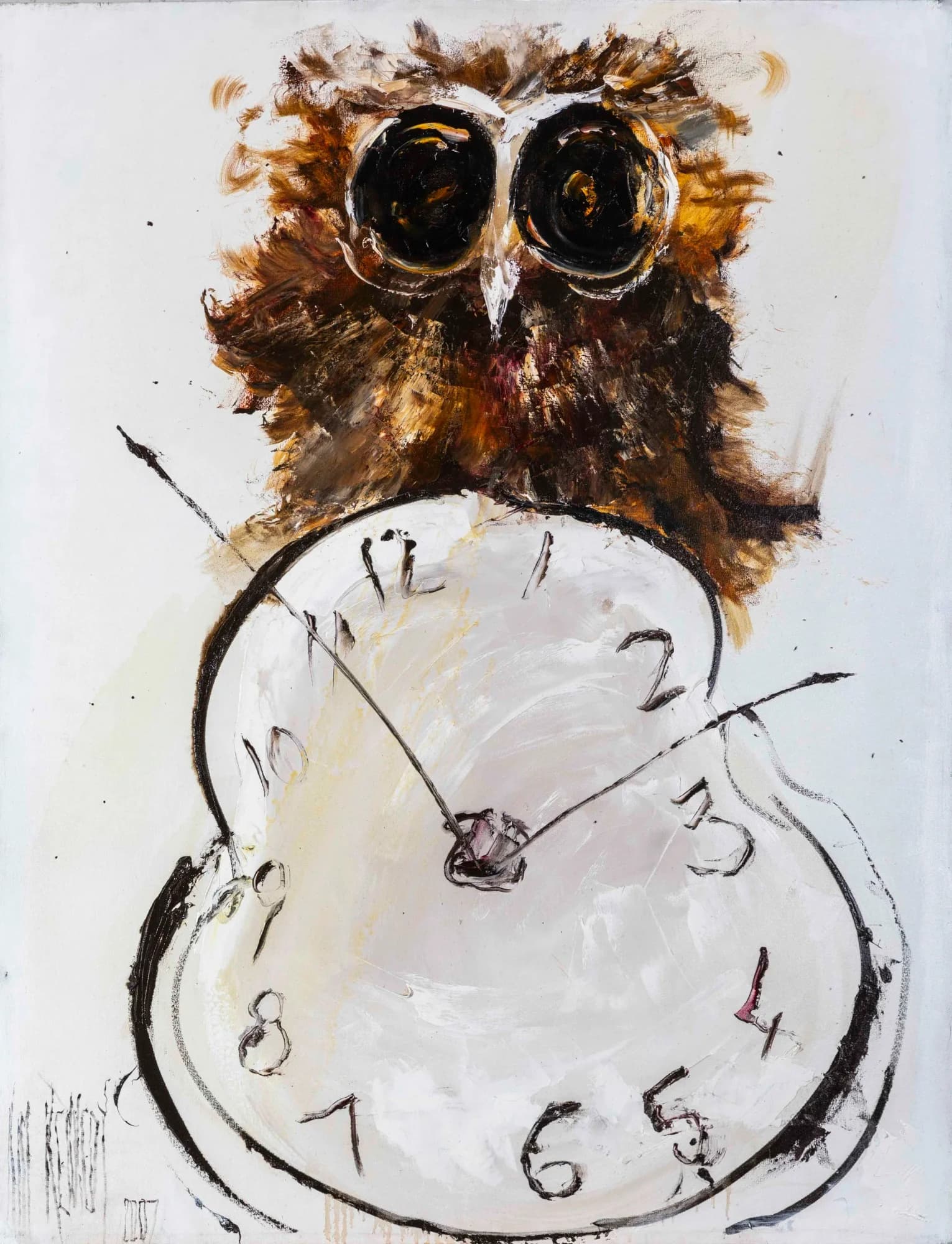 The Watcher: fluffy brown owl with huge black eyes perched over a melting Dali-style clock. Original painting by Kim Kennedy.