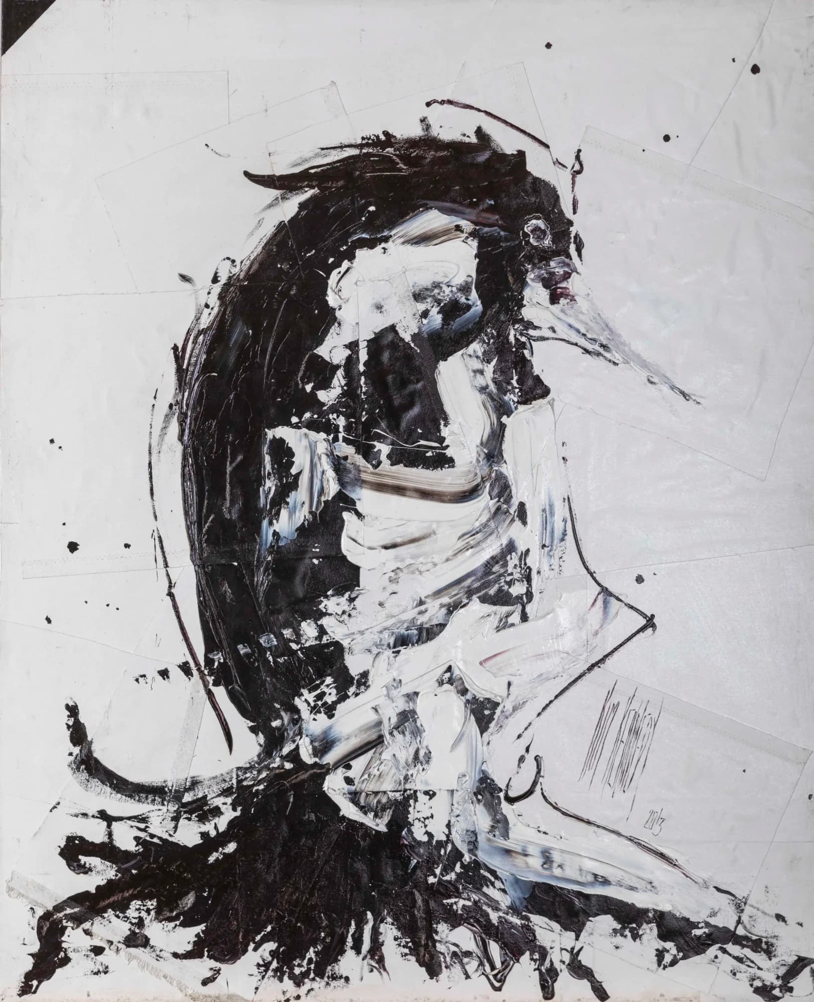 Wild Magpie: gestural black and white magpie in thick impasto on pale grey. Original painting by Kim Kennedy.