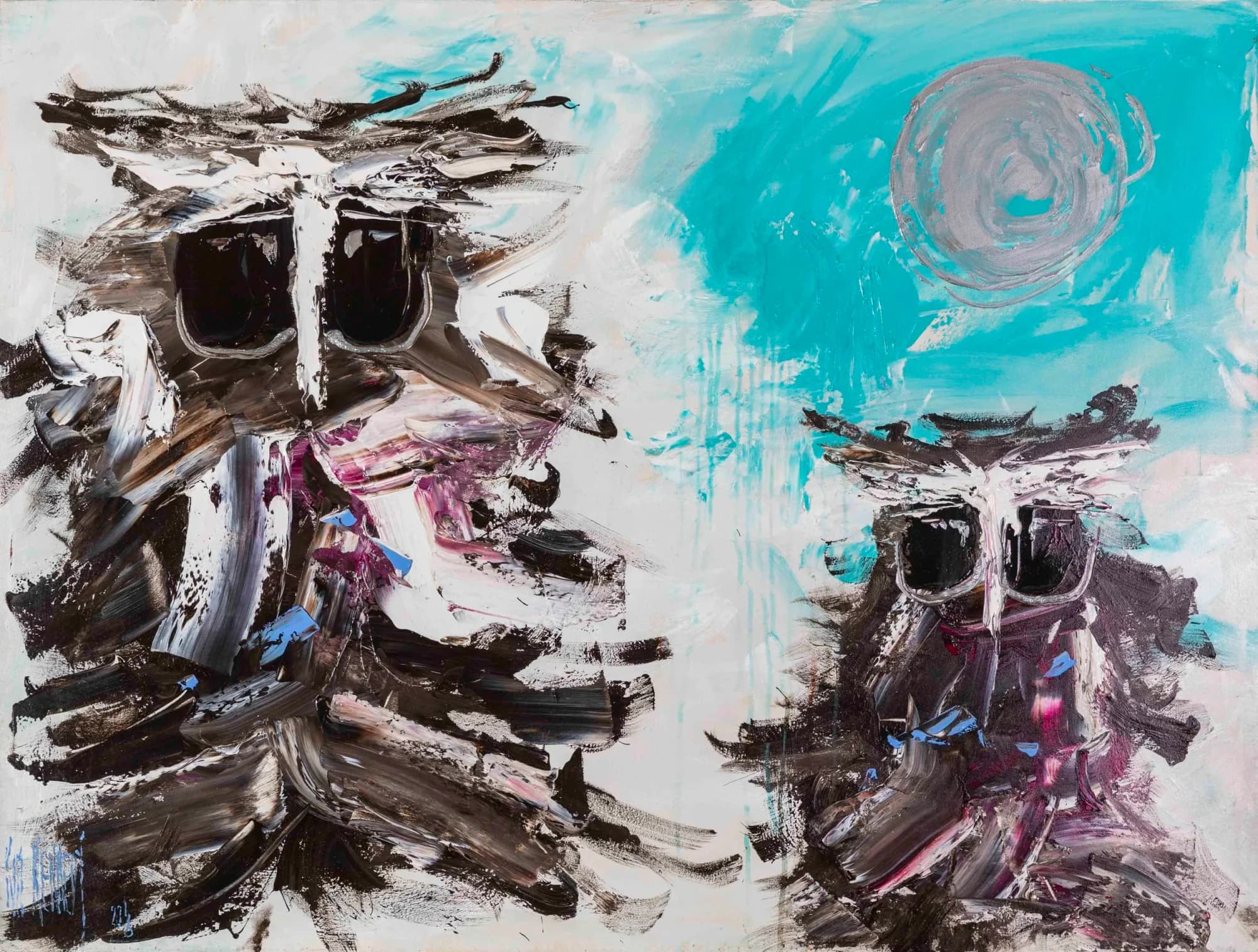Wild Ones: two scruffy abstract owls with pink and blue flecks under turquoise sky and grey moon. Original painting by Kim Kennedy.