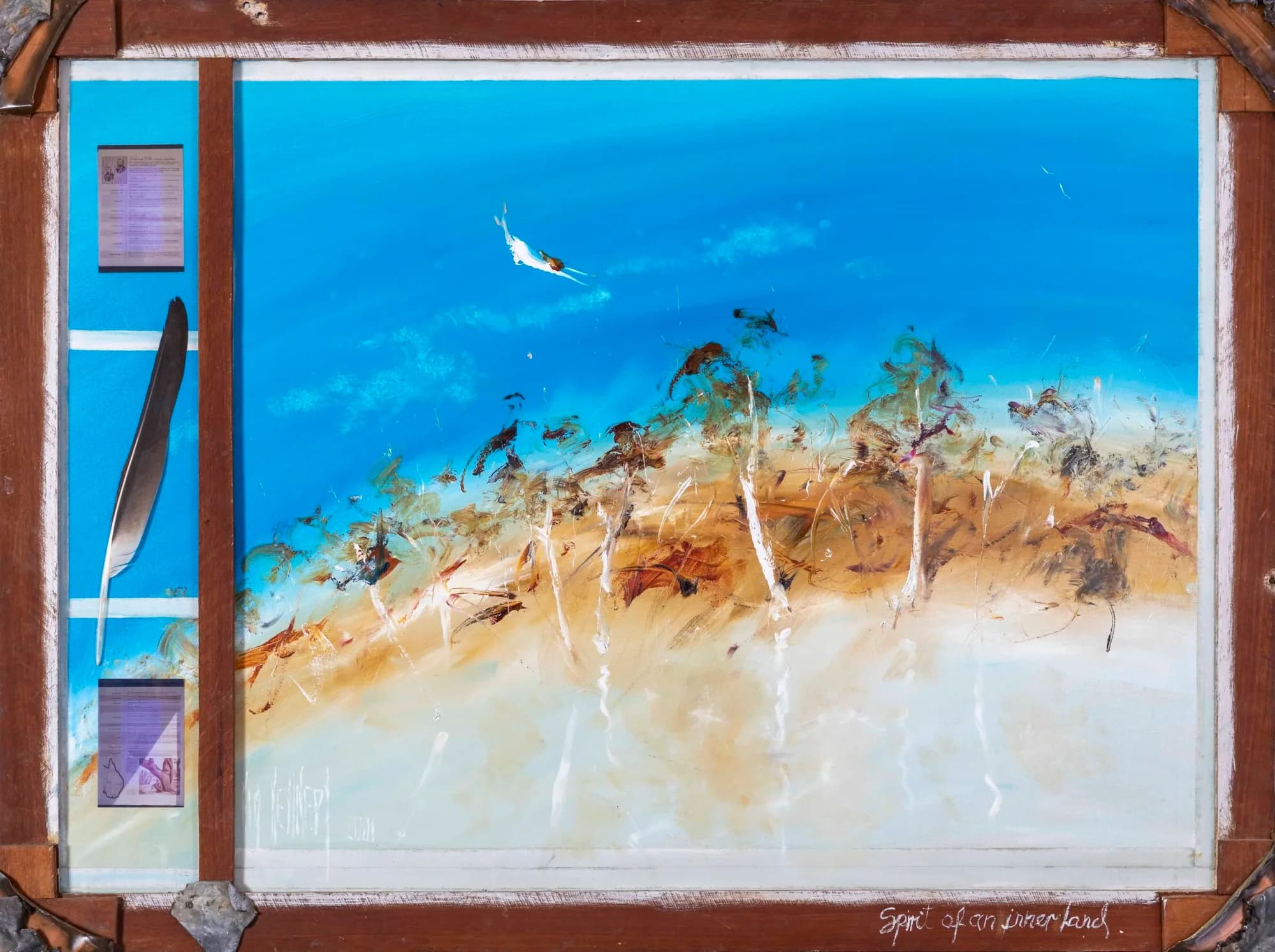 Burke & Wills No. 1: turquoise sky over ochre outback dunes with scrub, white bird, timber frame. Original painting by Kim Kennedy.