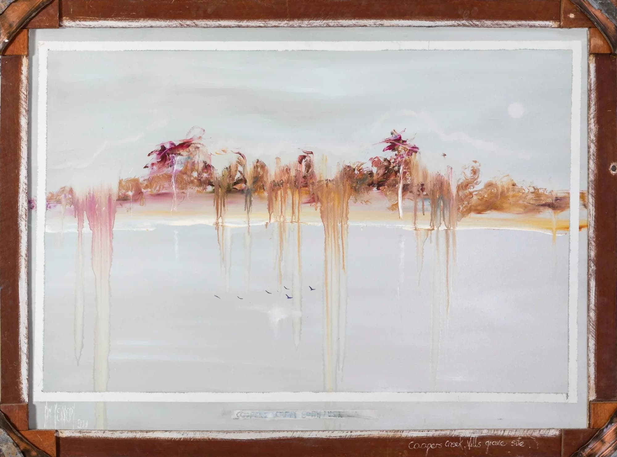 Burke & Wills No. 2: pale grey creek scene, dripping pink and ochre trees mirrored in water. Original painting by Kim Kennedy.