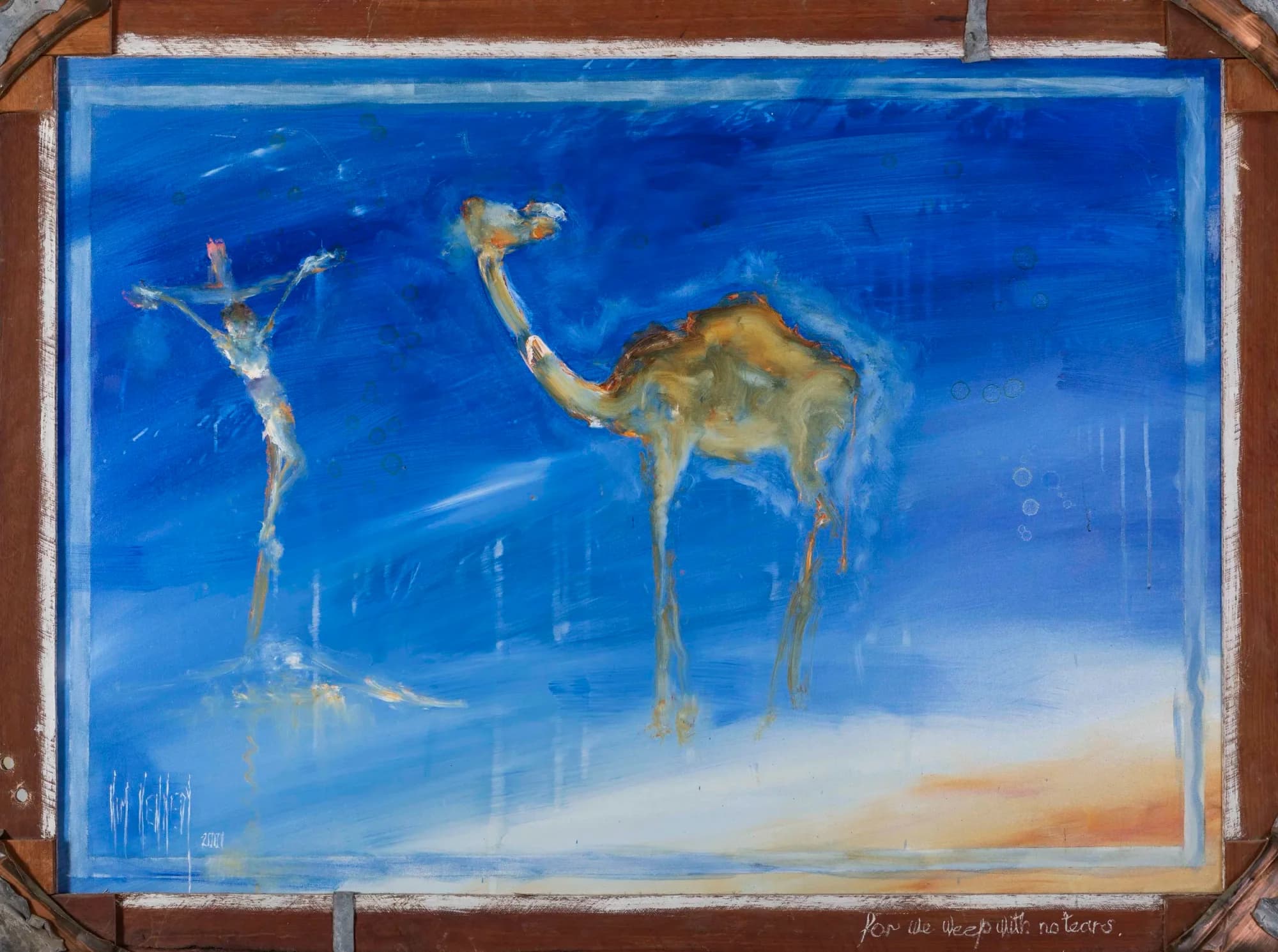 Burke & Wills No. 3: ghostly camel and crucified figure on deep cobalt blue desert sky. Original painting by Kim Kennedy.