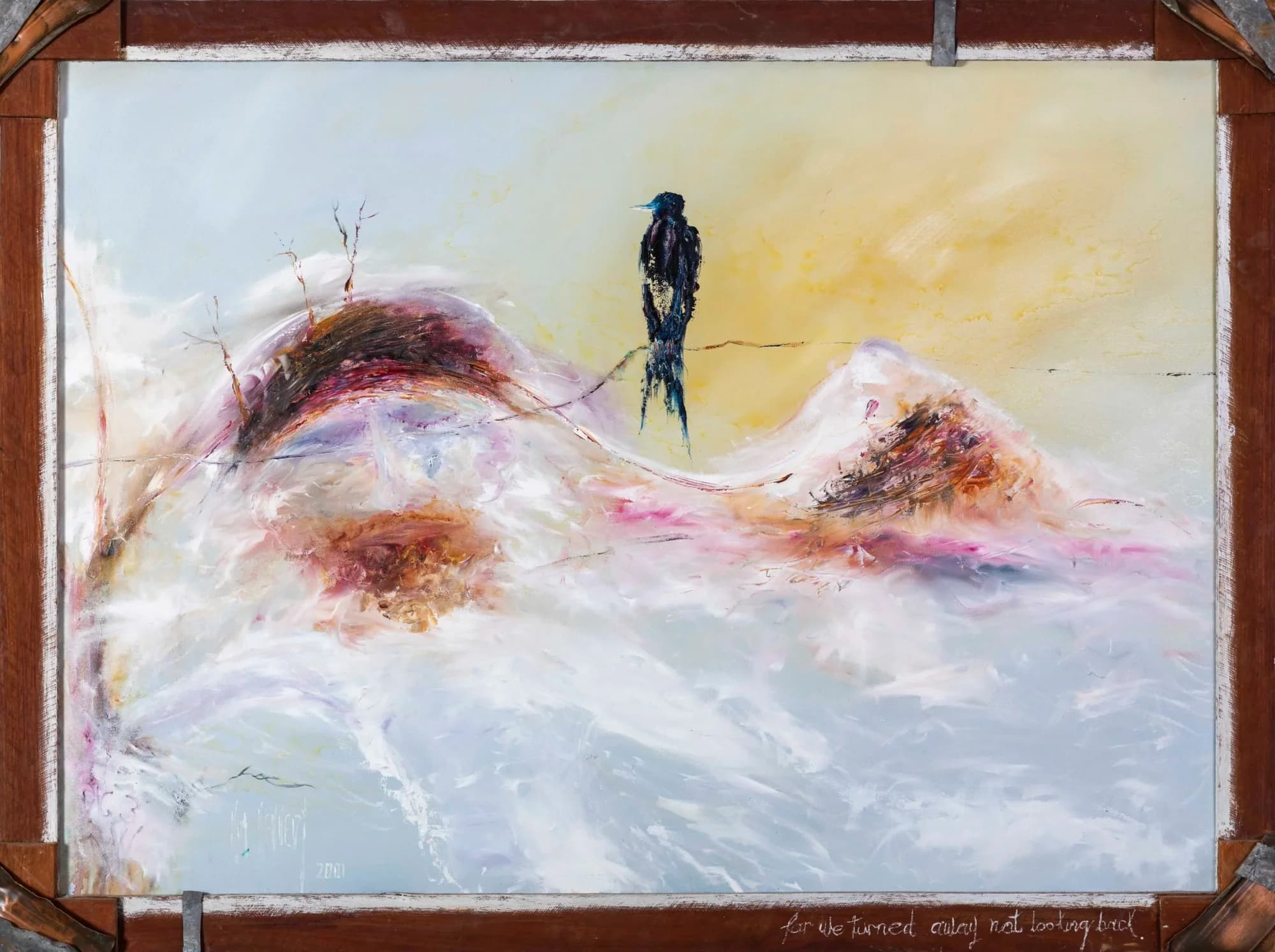 Burke & Wills No. 4: lone dark figure atop swirling white and pink dunes, golden sky. Original painting by Kim Kennedy.
