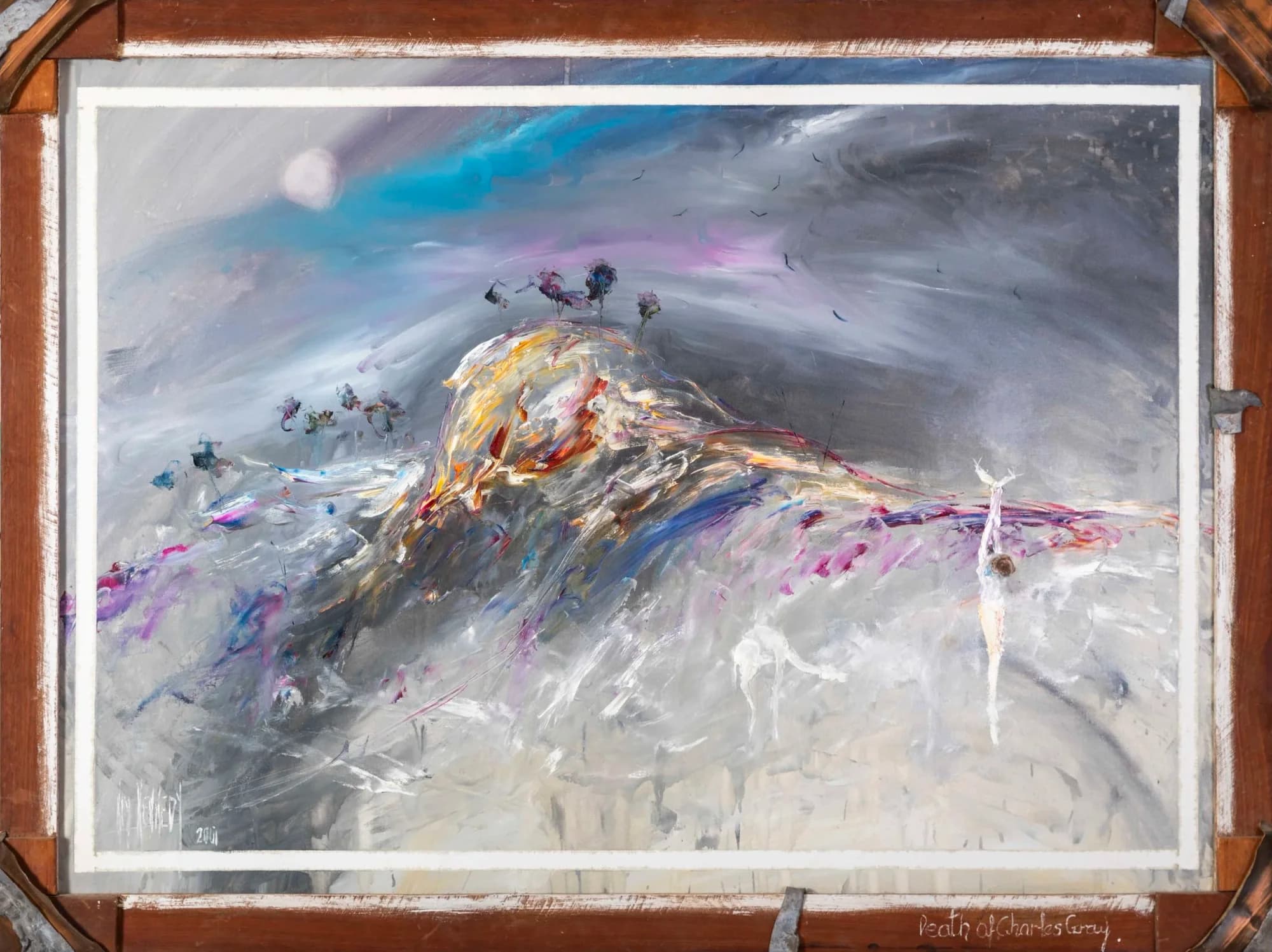 Burke & Wills No. 5: stormy grey mountain with magenta strokes, small white figure, moonlit sky. Original painting by Kim Kennedy.