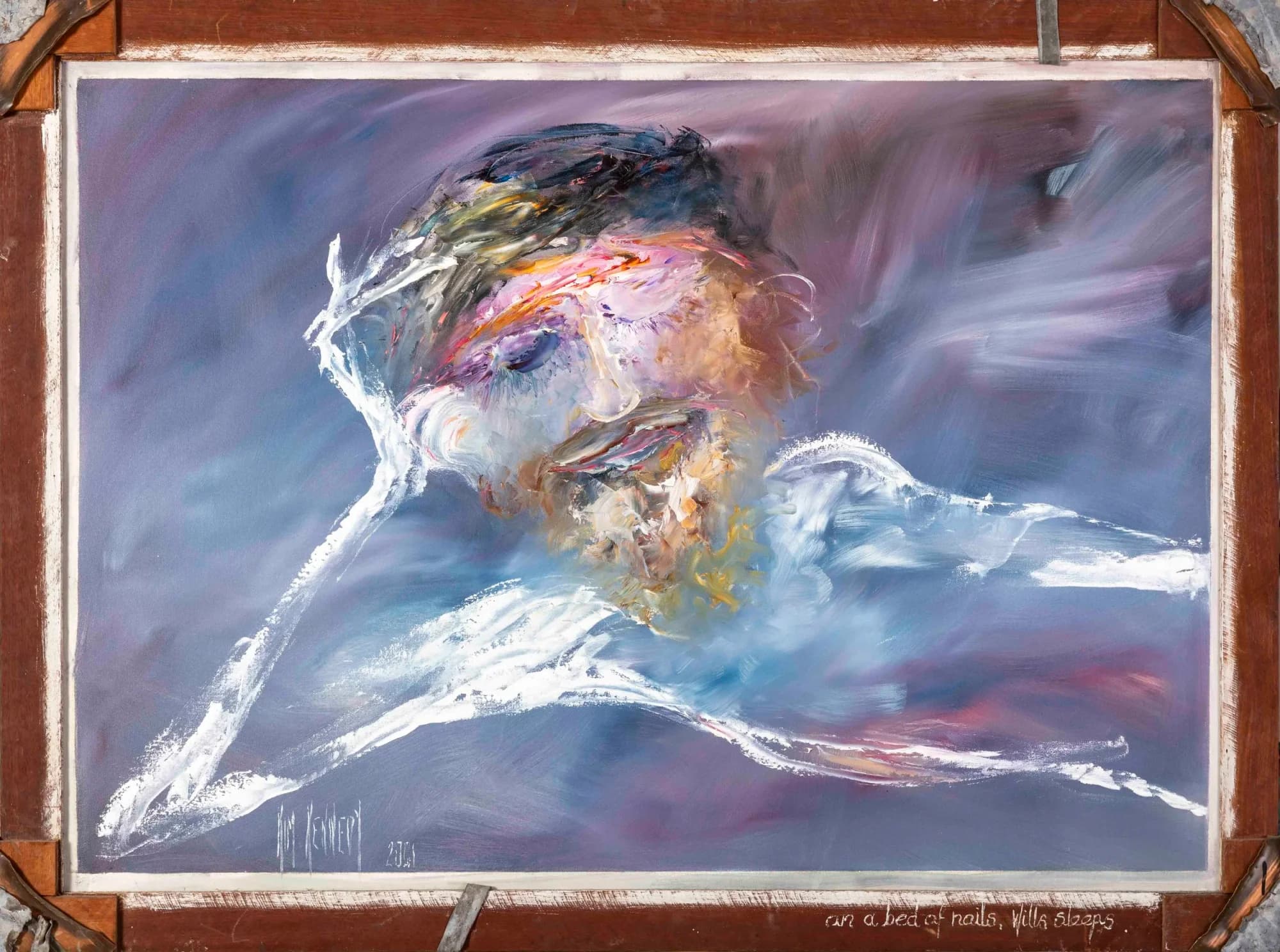 Burke & Wills No. 6: expressive bearded man's head reclining, white sweeps on mauve purple ground. Original painting by Kim Kennedy.