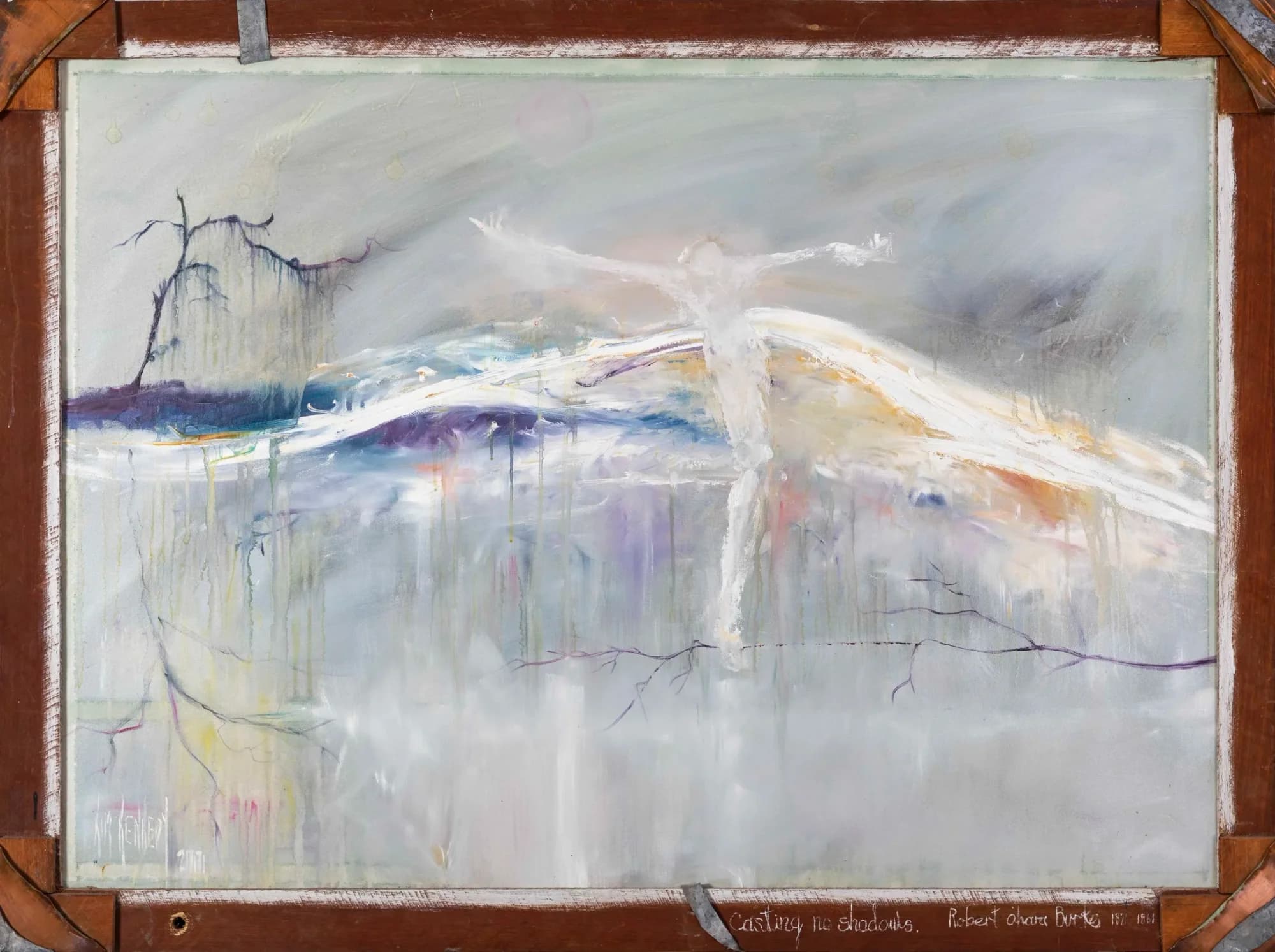 Burke & Wills No. 7: ghostly white cross-armed figure over misty grey lilac landscape. Original painting by Kim Kennedy.