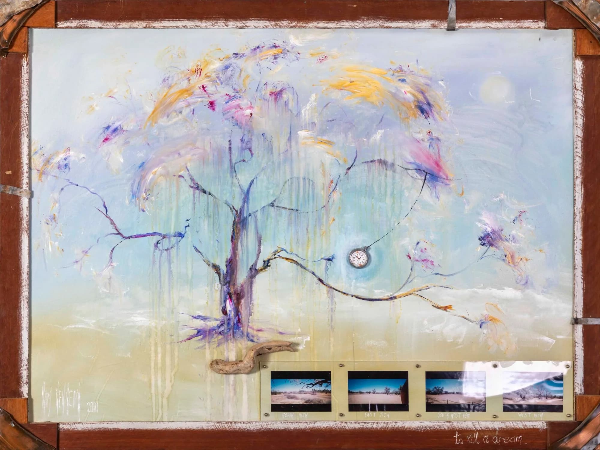 Burke & Wills No. 9: dreamlike blossoming tree in lilac gold with clock and photo strip, timber frame. Original painting by Kim Kennedy.