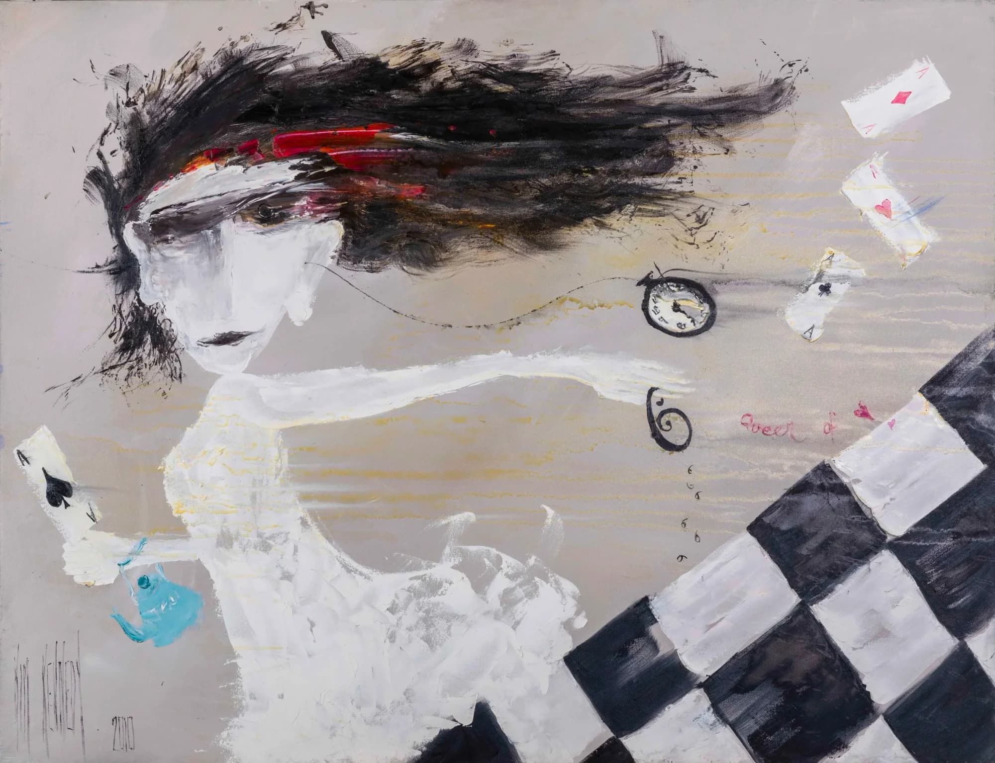 Alice: windswept Alice figure in white, black hair streaming, playing cards and checkerboard, grey ground. Original painting by Kim Kennedy.