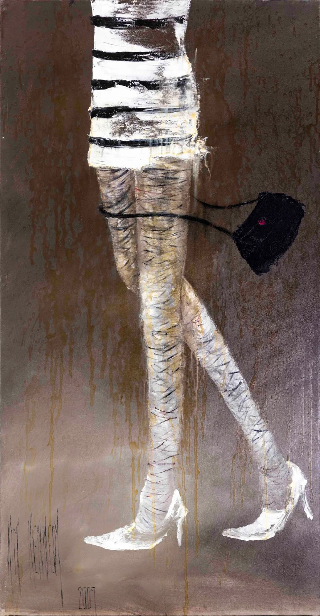 Black on White: striding female legs in white heels, striped top, black handbag, earthy brown ground. Original painting by Kim Kennedy.