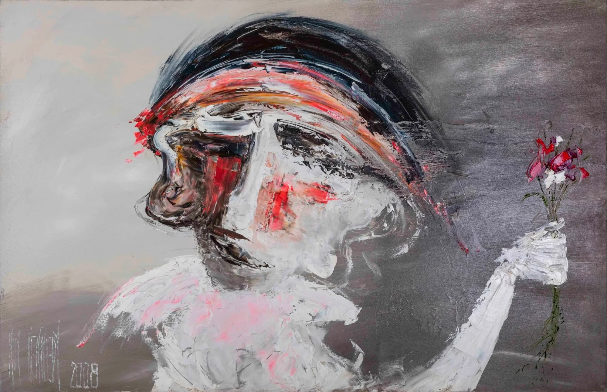 Boy With Flowers: expressive impasto portrait of boy in dark cap holding small red flowers, grey background. Original painting by Kim Kennedy.